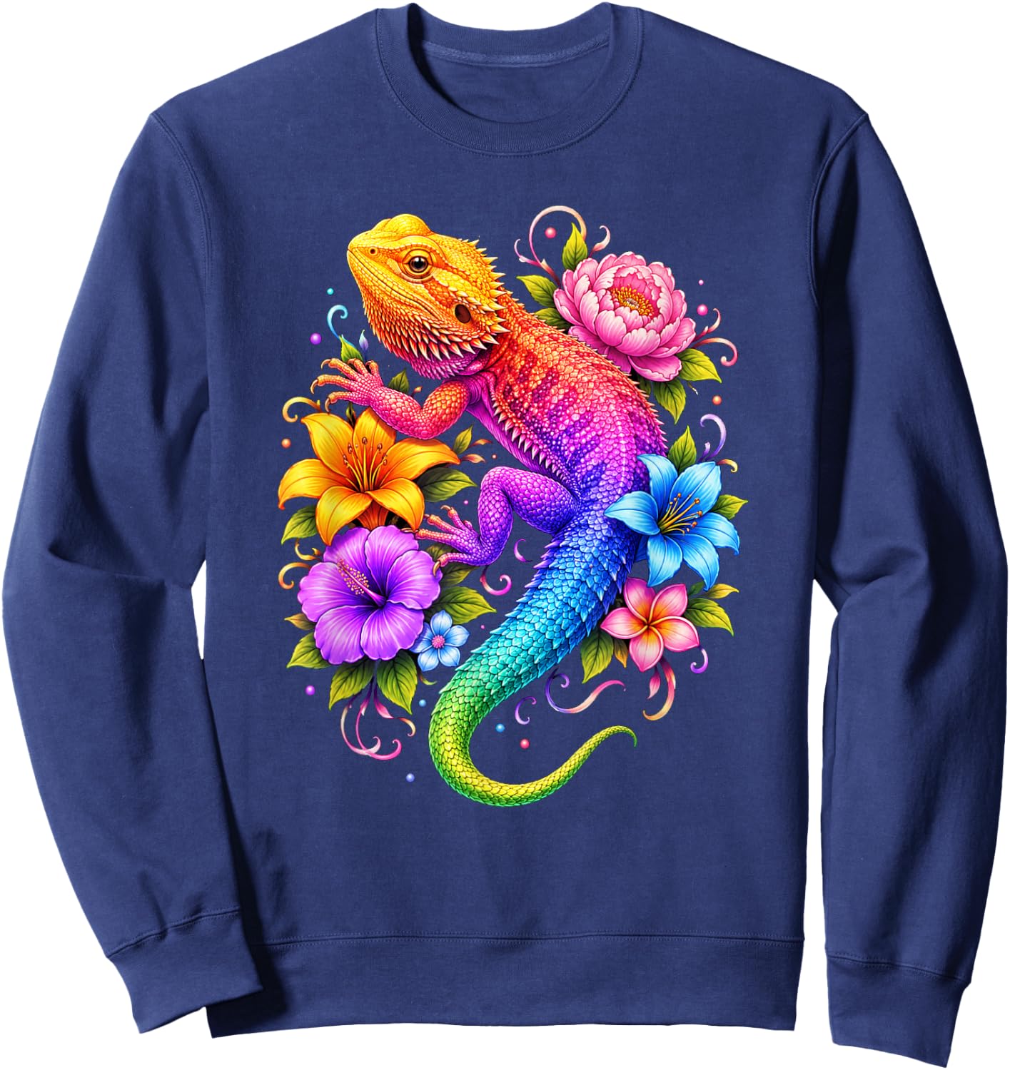Colorful Floral Bearded Dragon Flowers Rainbow Women Girls Sweatshirt - Sweatshirt | Navy