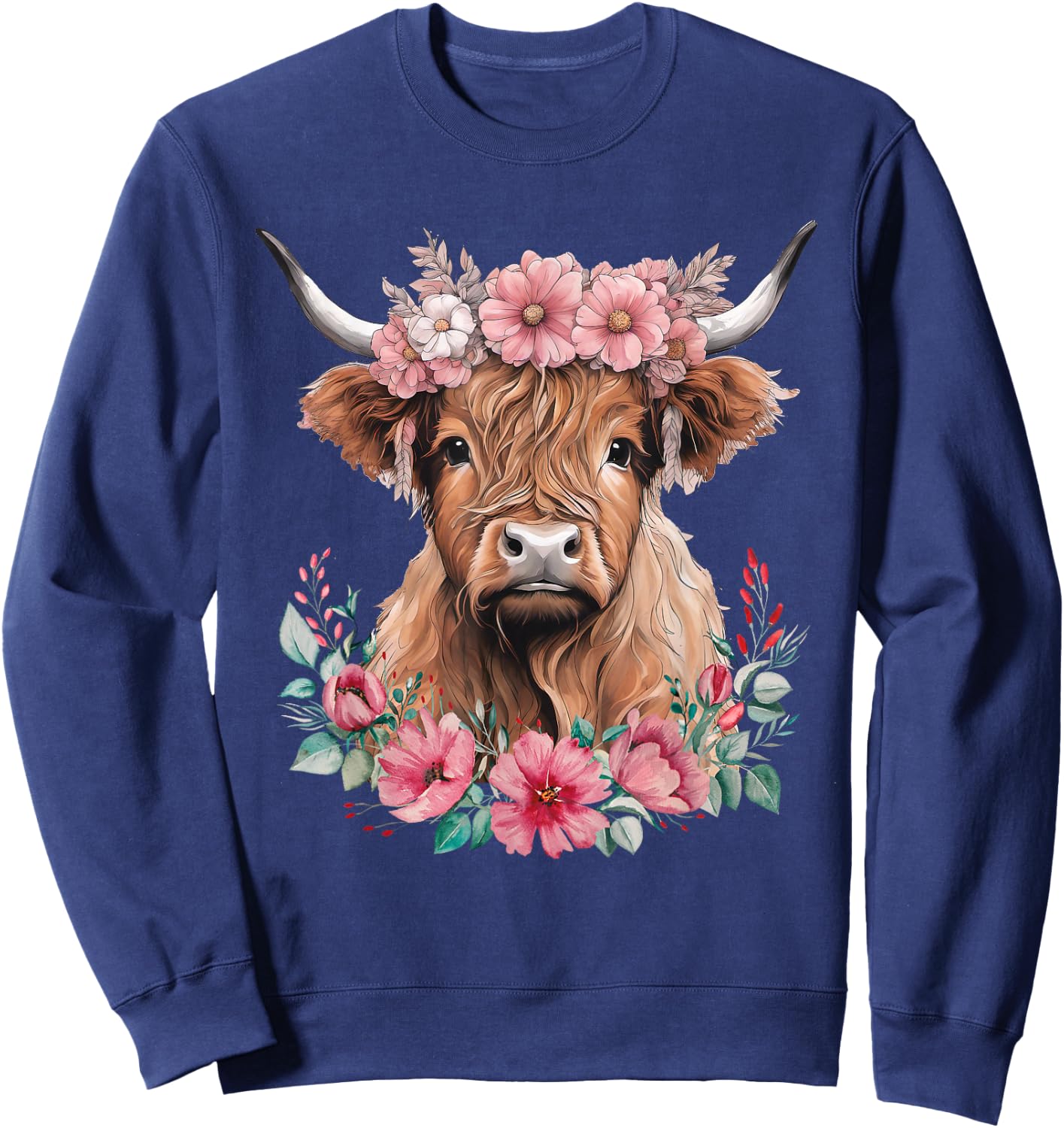 Cute Baby Highland Cow with Flowers Calf Animal Cow Women Sweatshirt - Sweatshirt | Navy