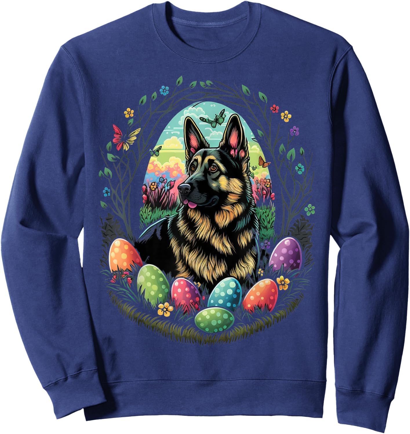 Easter Alsatian Bunny Eggs Dog on Easter German Shepherd Sweatshirt - Sweatshirt | Navy