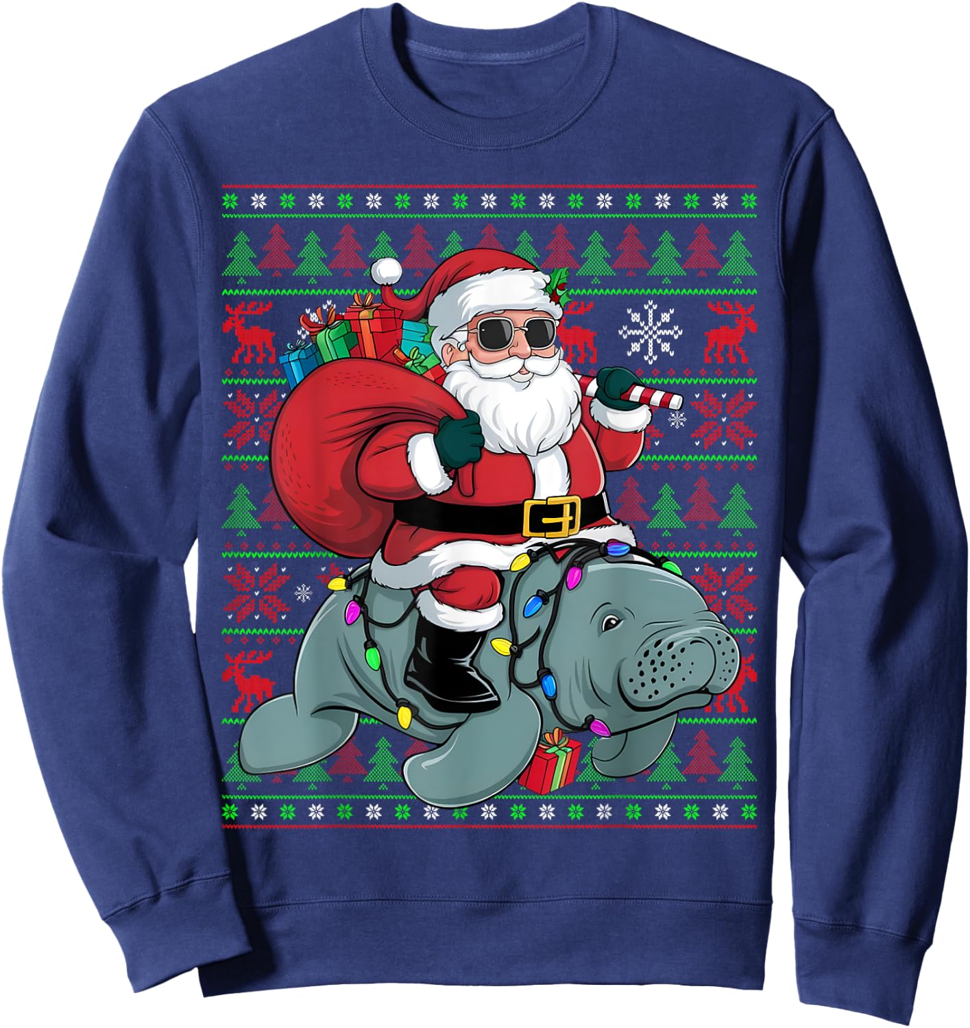 Ugly Xmas Lights Funny Santa Riding Manatee Christmas Sweatshirt - Sweatshirt | Navy