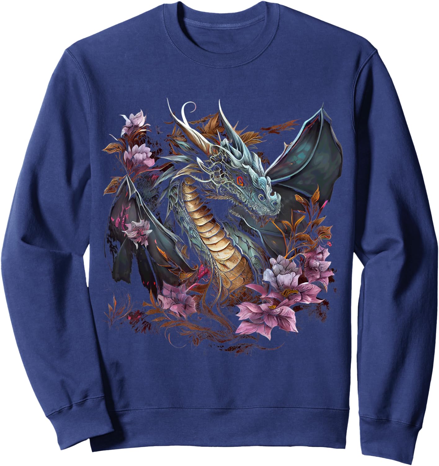 Beautiful Floral Dragon Lover Fantasy Art Cool Illustration Sweatshirt - Sweatshirt | Navy