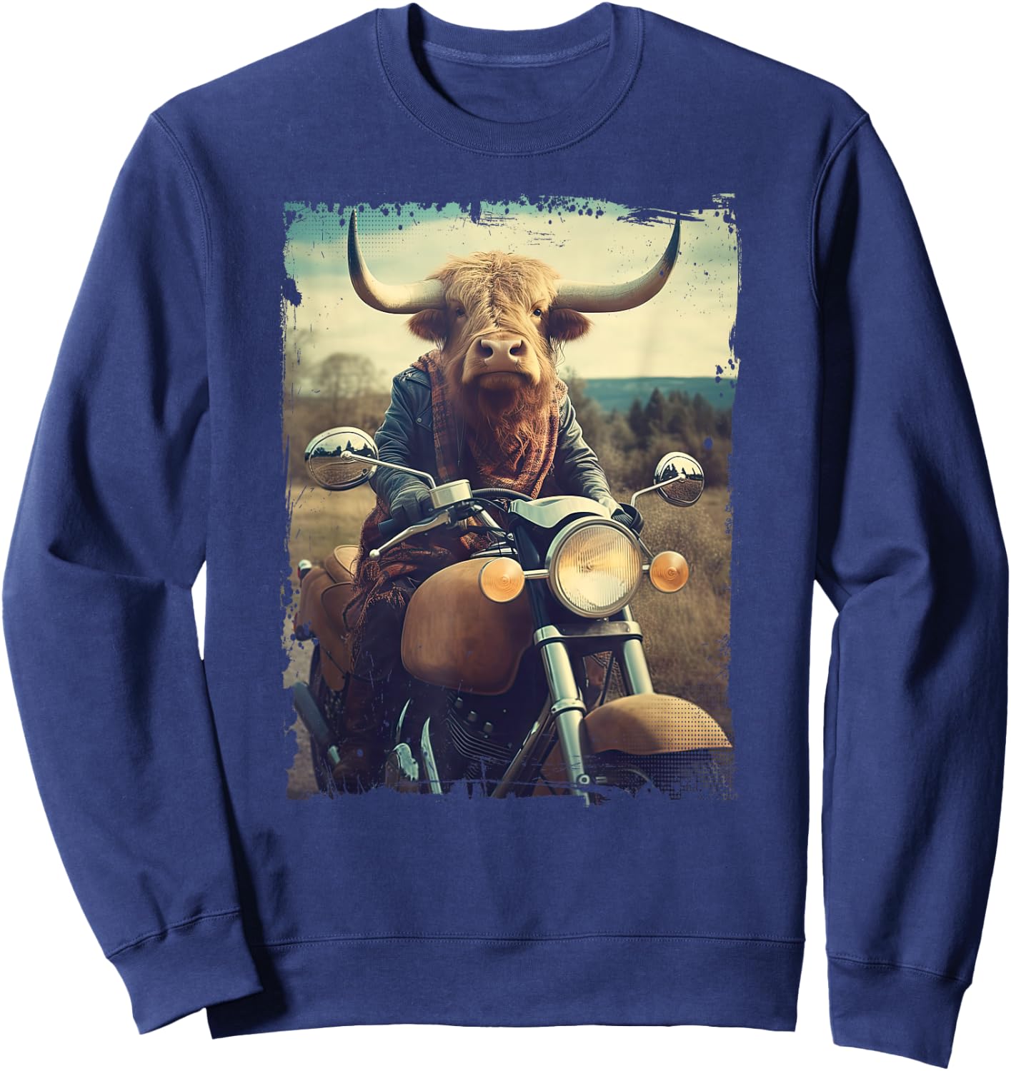 Scottish Highland Cow Cattle Hairy Cow Rides motorcycle men Sweatshirt - Sweatshirt | Navy
