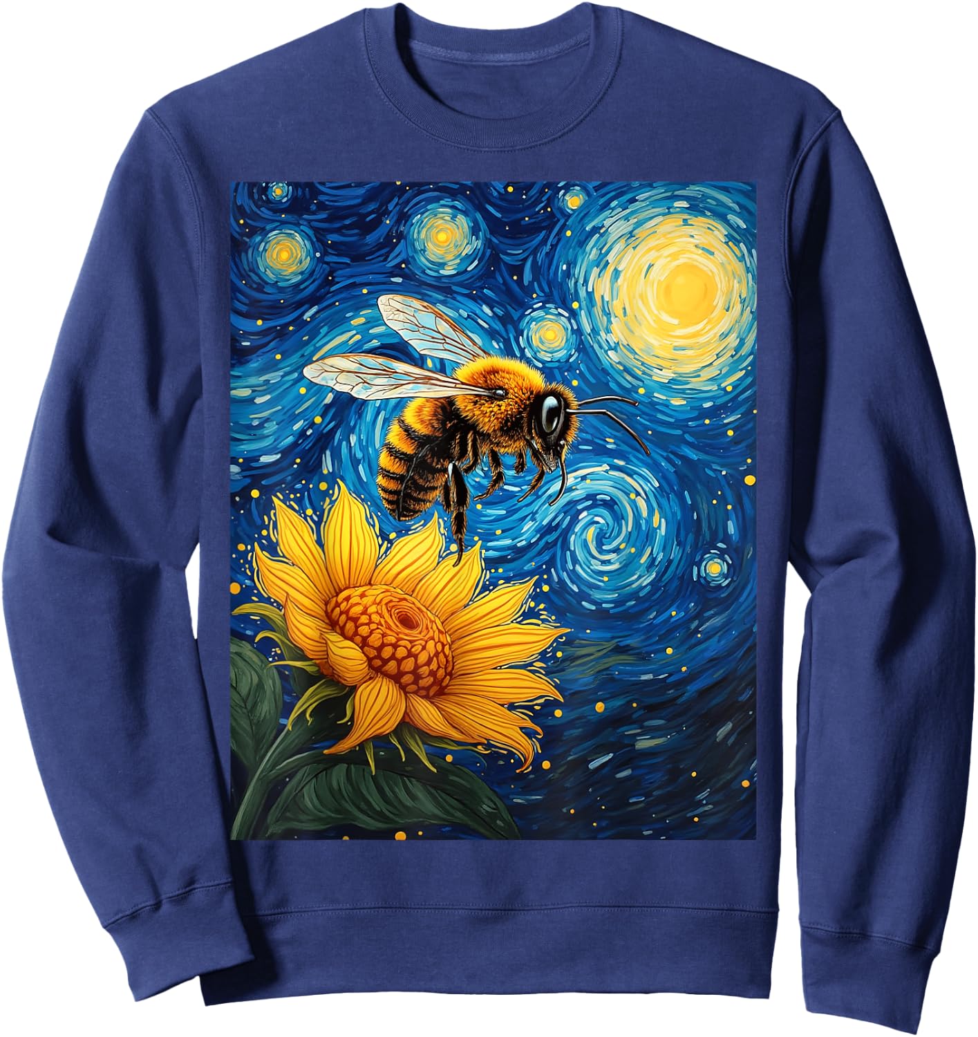 Van Gogh's Starry Night Bee Sunflower Nature Art Sweatshirt - Sweatshirt | Navy
