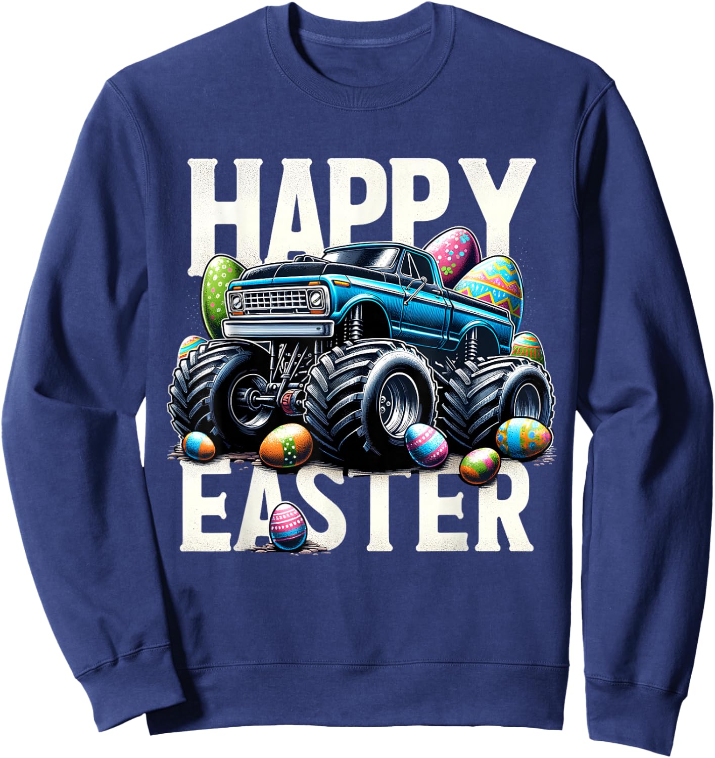 Boys Happy Easter Monster Truck Easter Eggs Hunt Toddler Kid Sweatshirt - Sweatshirt | Navy