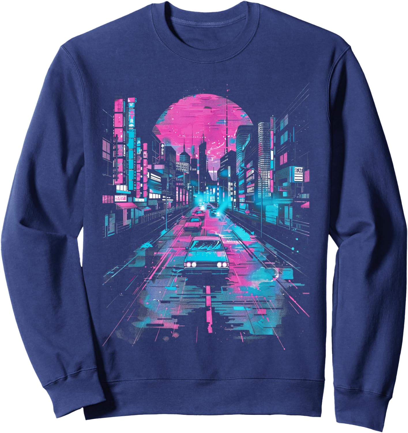 Vaporwave Tokyo Lofi Abstract City Lights Sweatshirt - Sweatshirt | Navy