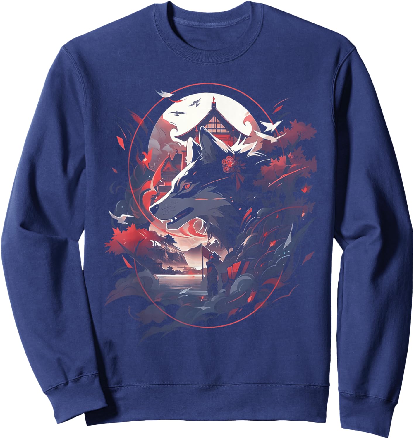 Japanese Wolf Wolves Mythology Nature Anime Otaku Sweatshirt - Sweatshirt | Navy