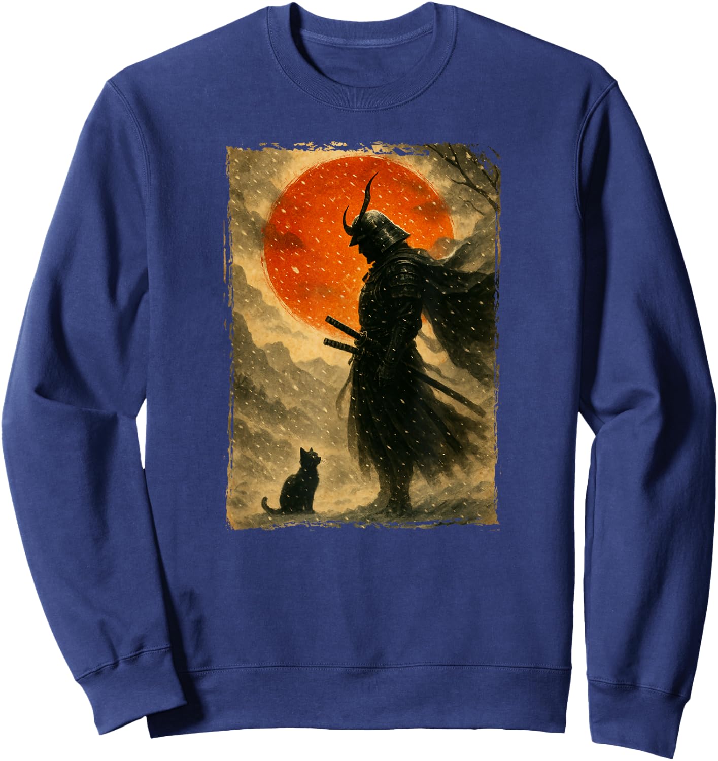 Guerrier et Combattant samouraï | Chat Noir et Art Japonais Vintage Sweatshirt - Sweatshirt | Navy