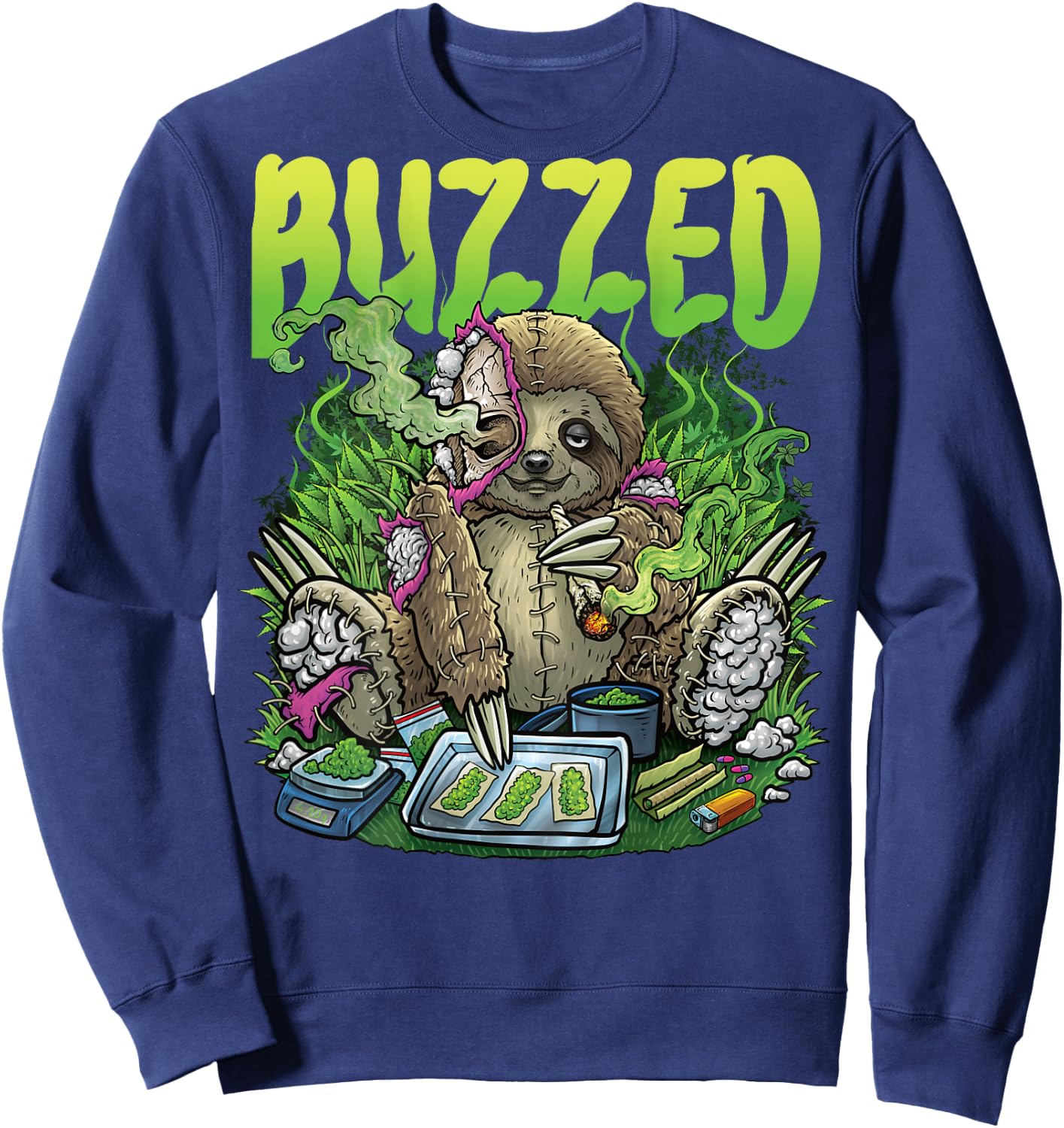 Weed Sloth Smoking Stoner Rave House Techno Outfit BACKPRINT Sweatshirt - Sweatshirt | Navy