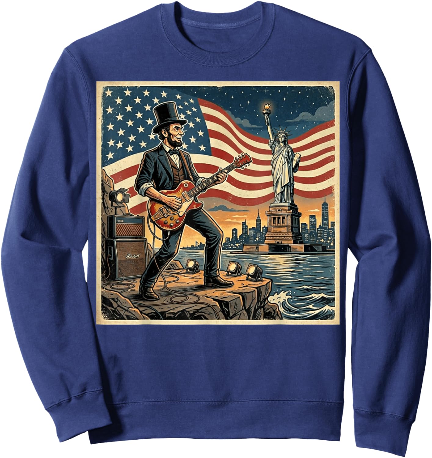 Abraham Lincoln Playing Electric Guitar 4th of July Retro Sweatshirt - Sweatshirt | Navy