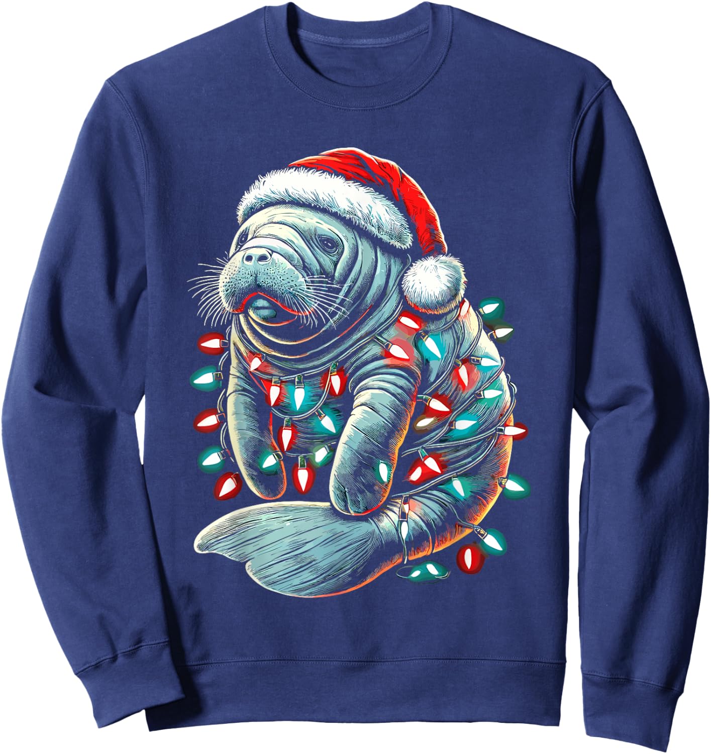 Manatee Santa Hat Christmas Lights Pajama Funny Xmas Sweatshirt - Sweatshirt | Navy