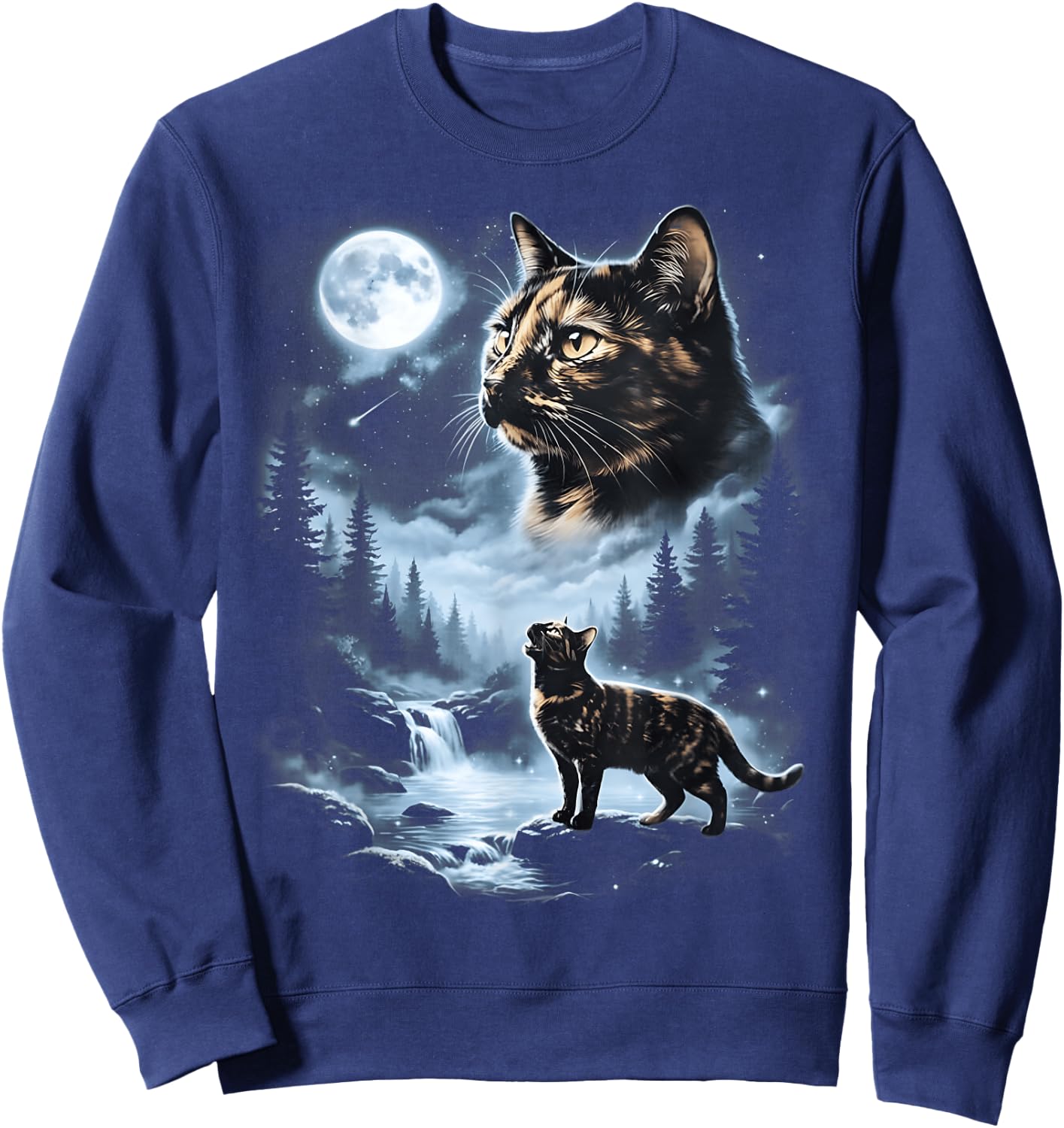 Tortoiseshell Cat Howling at Moon 90's Retro Cat Lover Sweatshirt - Sweatshirt | Navy