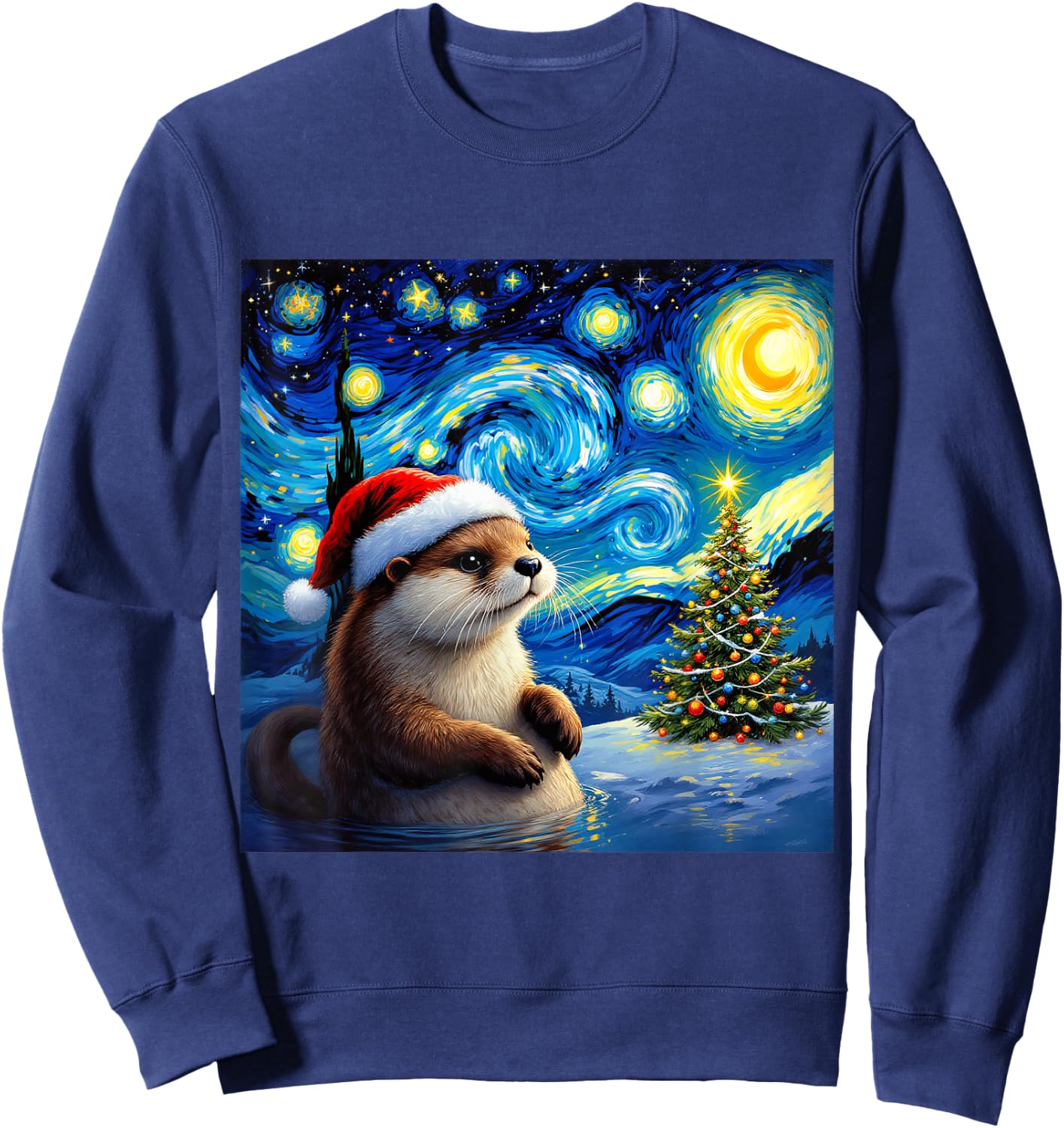 Christmas Otter Santa Hat Van Gogh Starry Night Holiday Sweatshirt - Sweatshirt | Navy