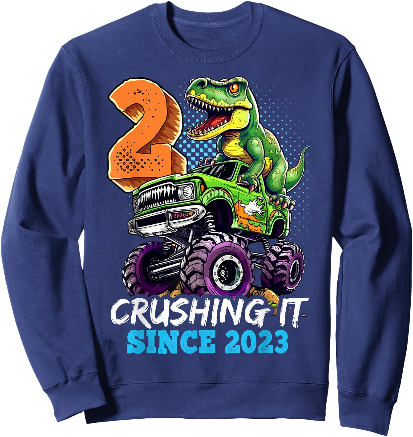 2nd Birthday Monster Truck Dinosaur Party Boys Rawr I'm 2 Sweatshirt - Sweatshirt | Navy