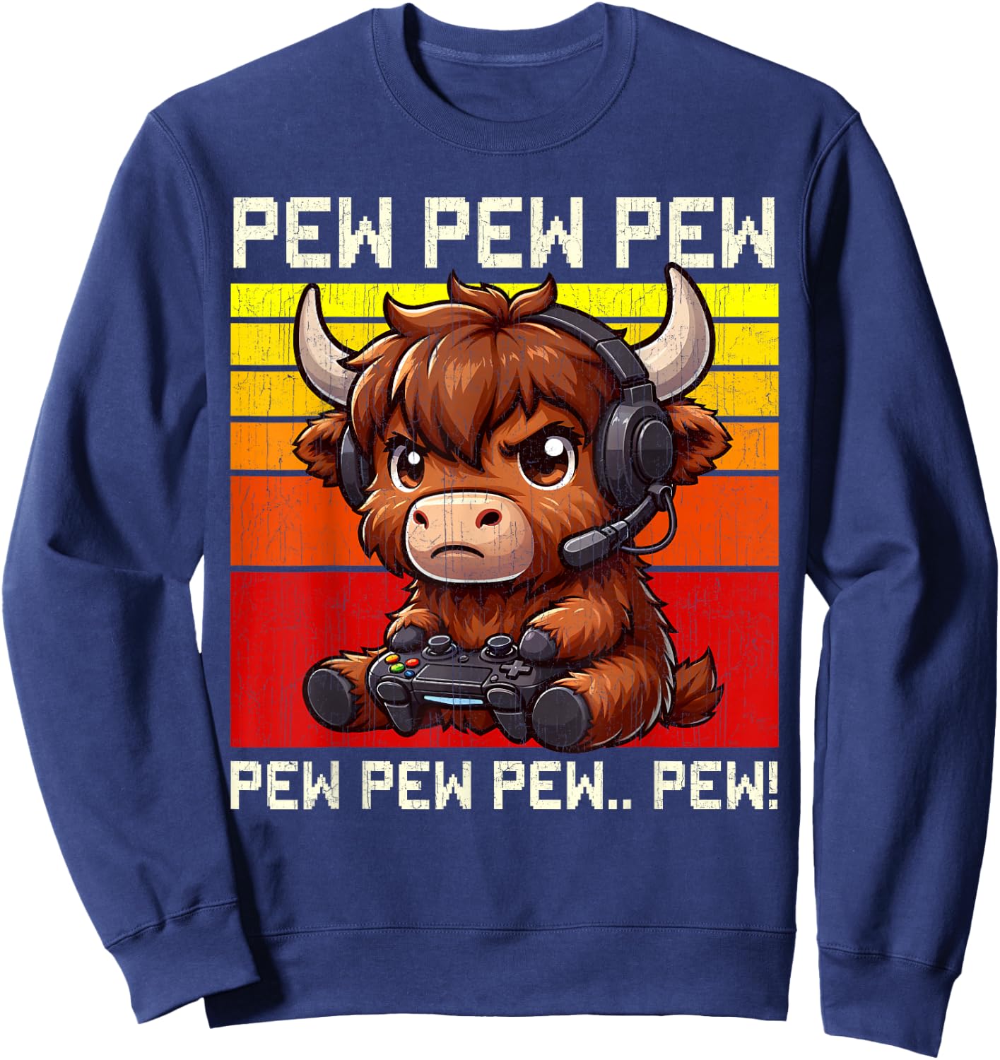 Highland Cow Gamer Pew Funny Video Games Vintage Boys Men Sweatshirt - Sweatshirt | Navy