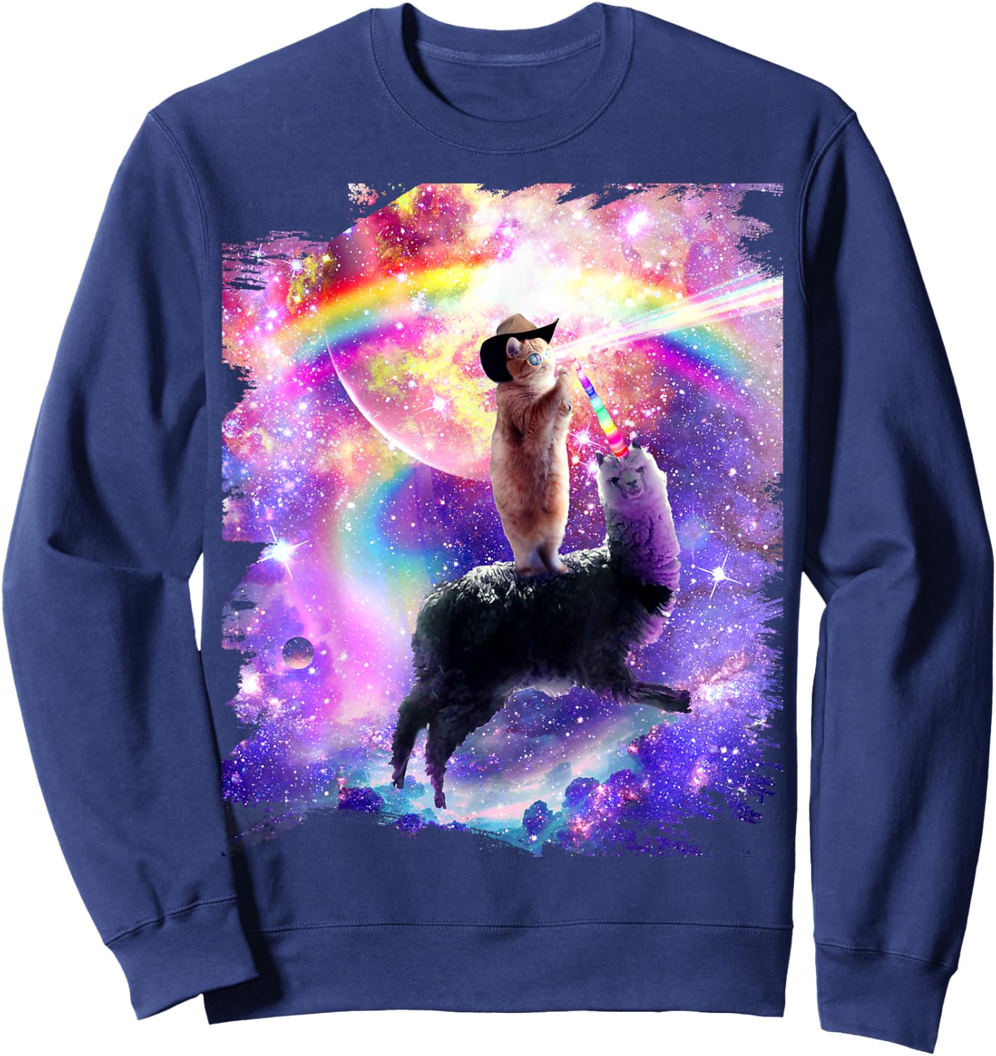 Laser Space Cat On Rainbow Galaxy Llama Unicorn Sweatshirt - Sweatshirt | Navy