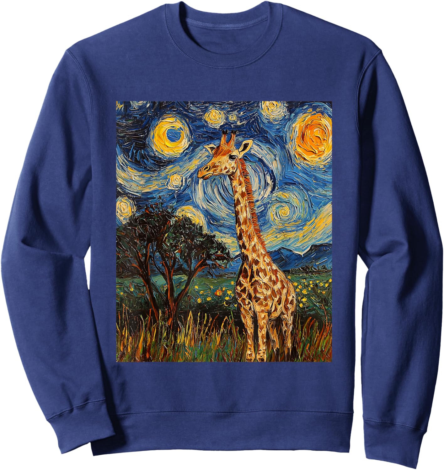 Giraffe Africa Van Gogh Style Starry Night Cute Graphic Sweatshirt - Sweatshirt | Navy