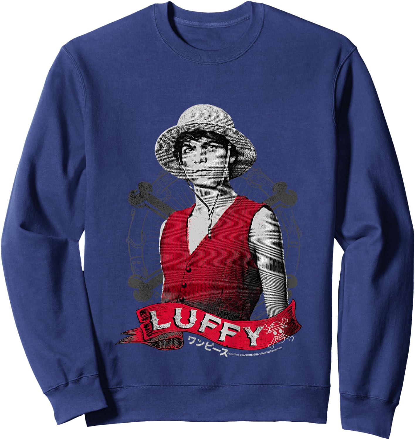 Kids One Piece Monkey D Luffy Live Action Pirate Straw Hat for Kids , Black, 2 Sweatshirt - Sweatshirt | Navy