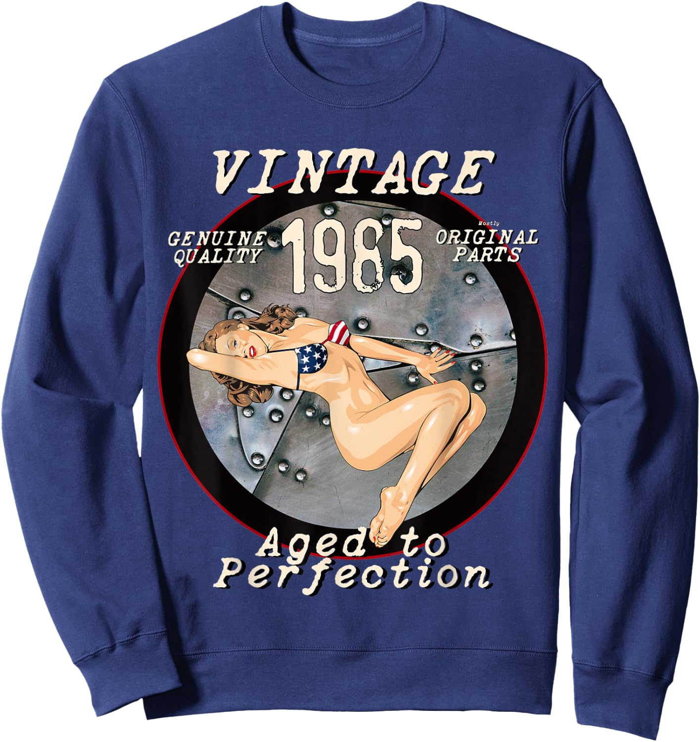 1985 Bomber Nose Art Hot Pinup 36th Birthday Gift Distressed Sweatshirt - Sweatshirt | Navy