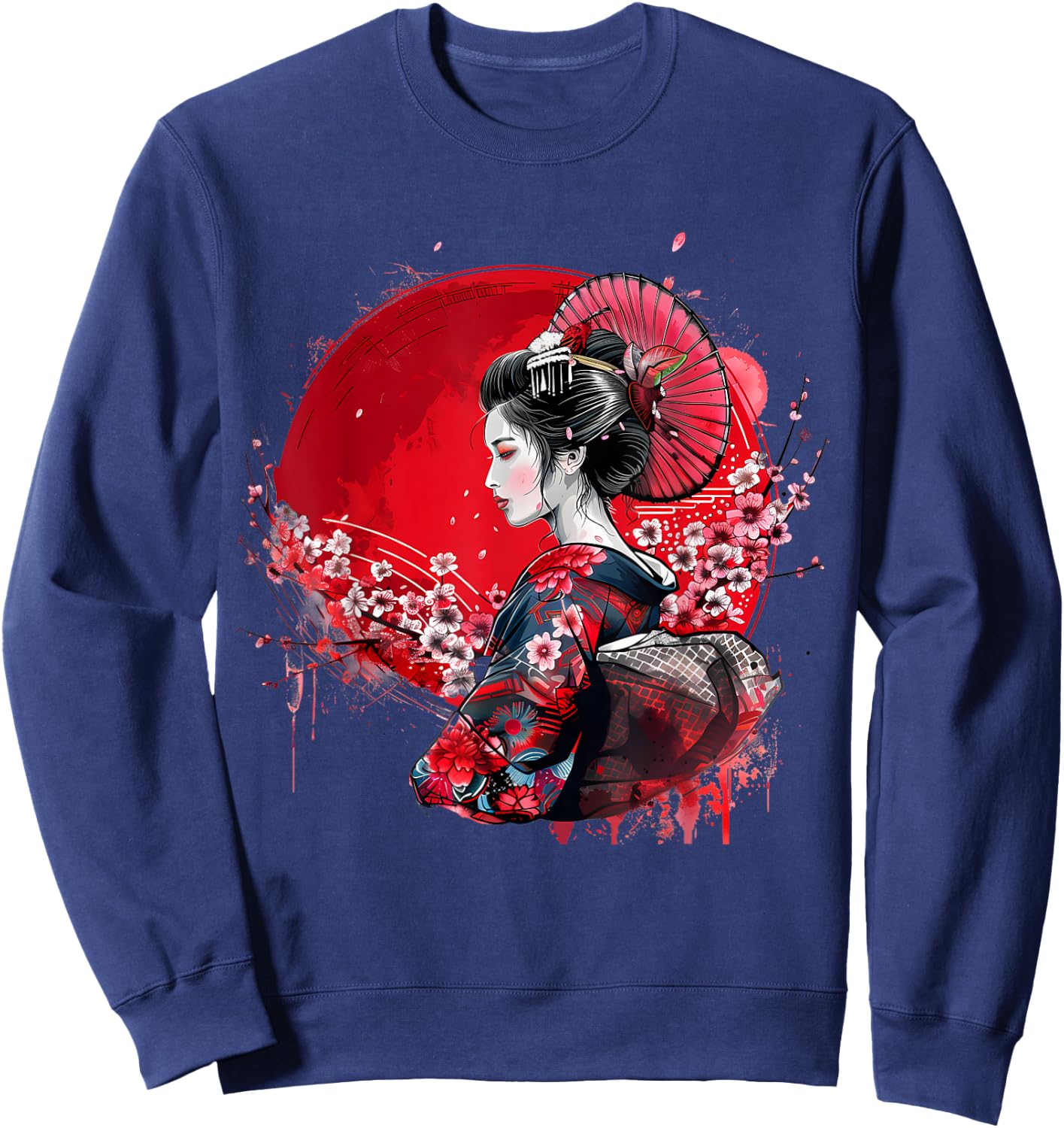Japanese Kimono Geisha Sakura Cherry Blossom Japanese Art , Black, S Sweatshirt - Sweatshirt | Navy