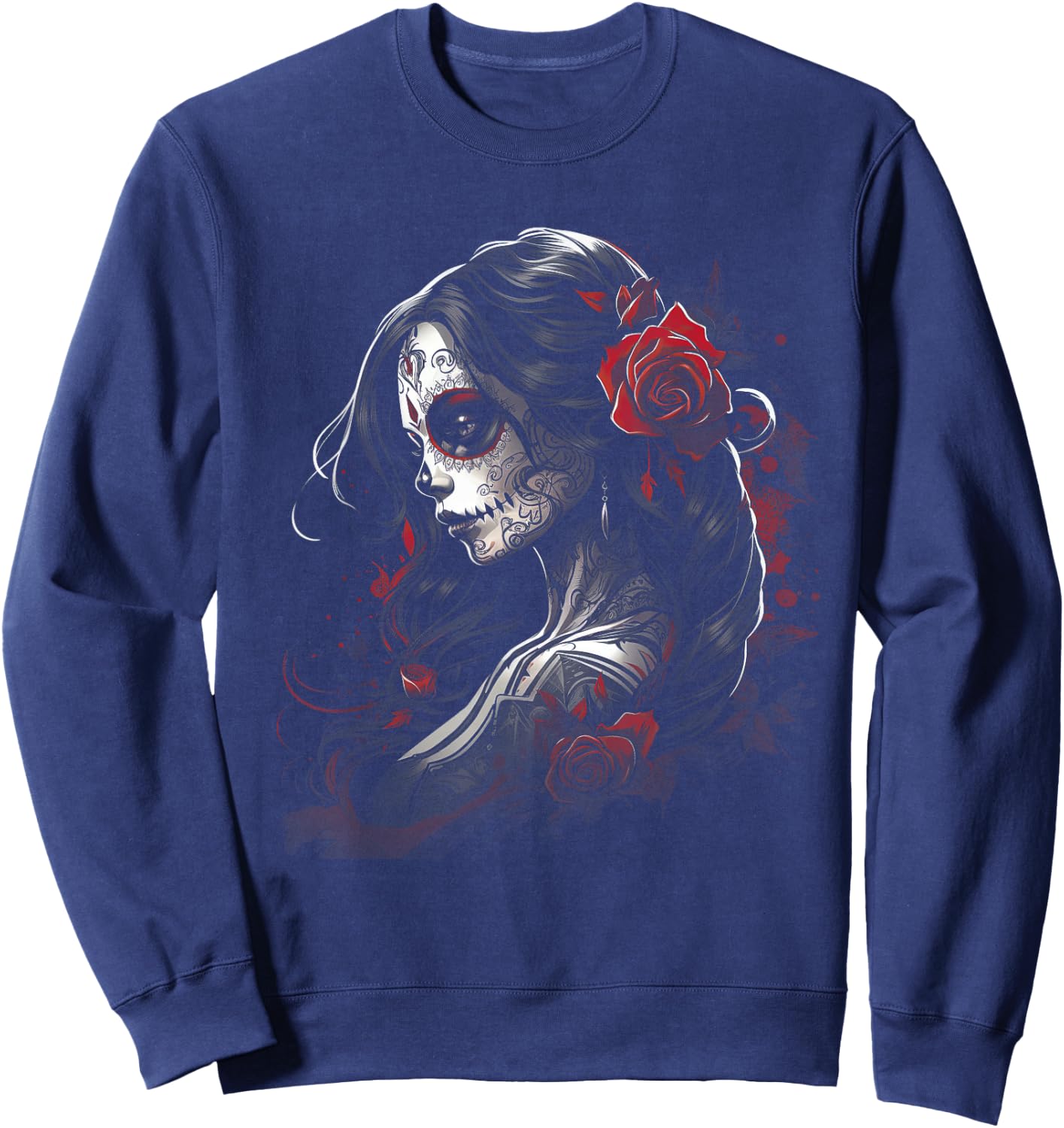 Tag der Toten Zuckerschädel Kunst Rose Mexikanisch Damen , Schwarz, S, Kurzarm, Kunstvolle Designs und klassischer Schnitt Sweatshirt - Sweatshirt | Navy