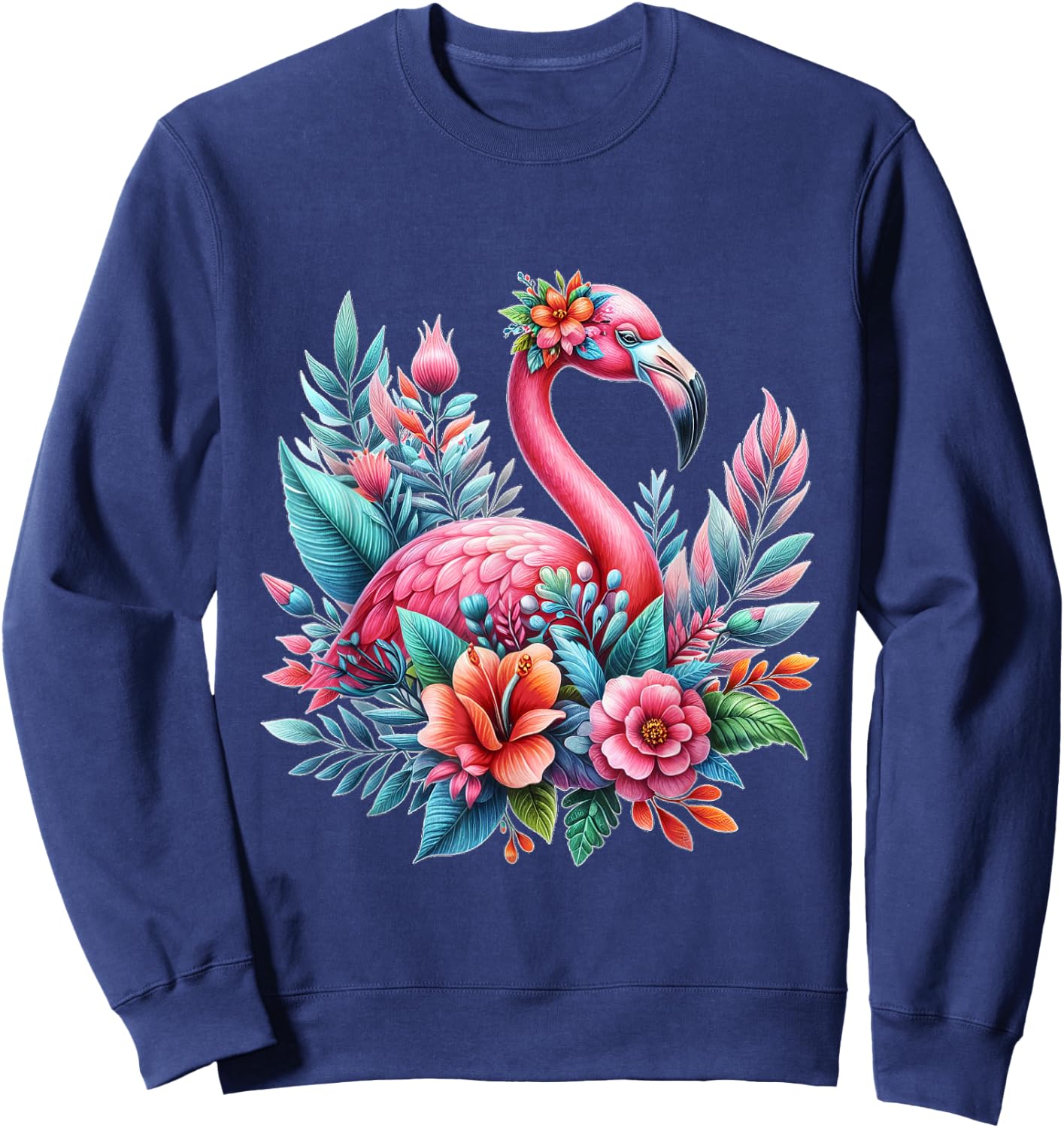 Pink Flamingo Watercolor T shirt Hawaiian Flowers Floral Sweatshirt - Sweatshirt | Navy