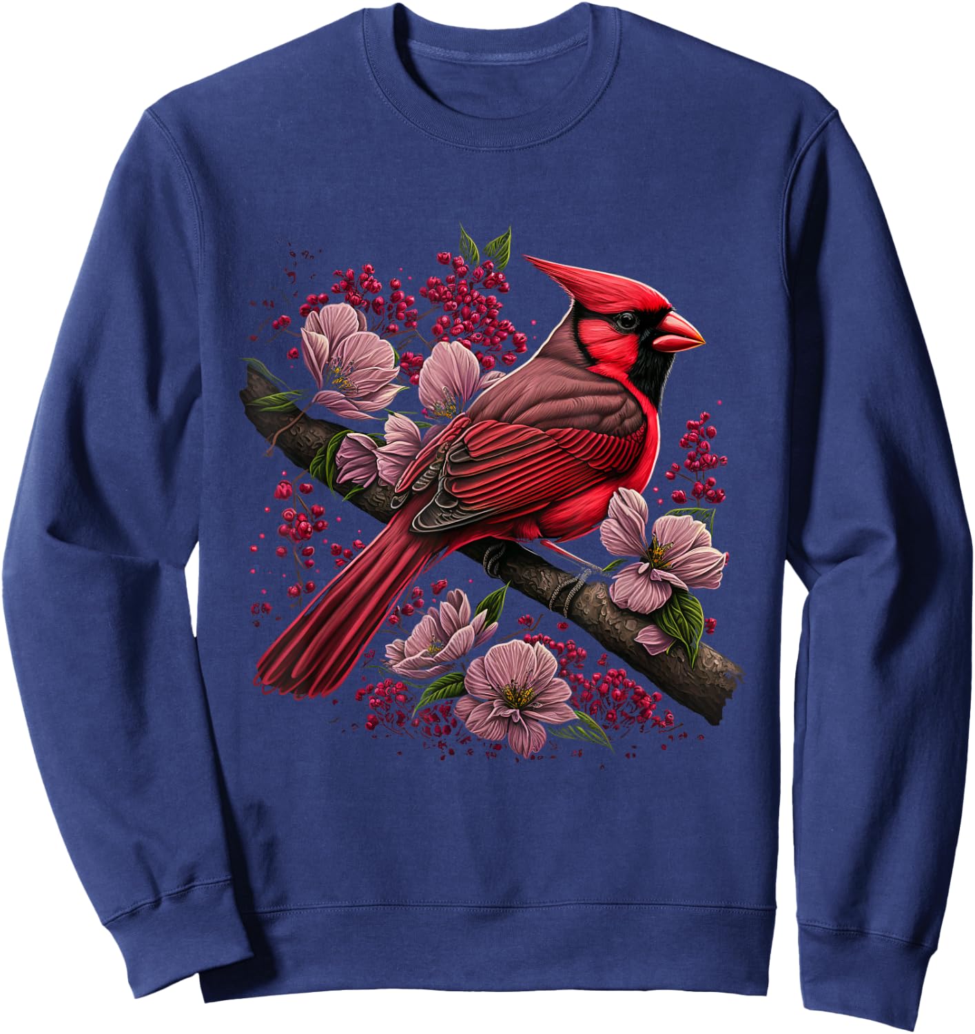 Red Cardinal Bird And Pink Flowering Dogwood Blossoms Sweatshirt - Sweatshirt | Navy