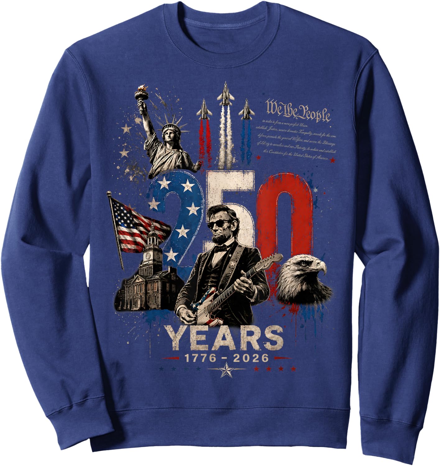 Vintage Abraham Lincoln Abe Lincoln Playing Guitar 250 Years Sweatshirt - Sweatshirt | Navy