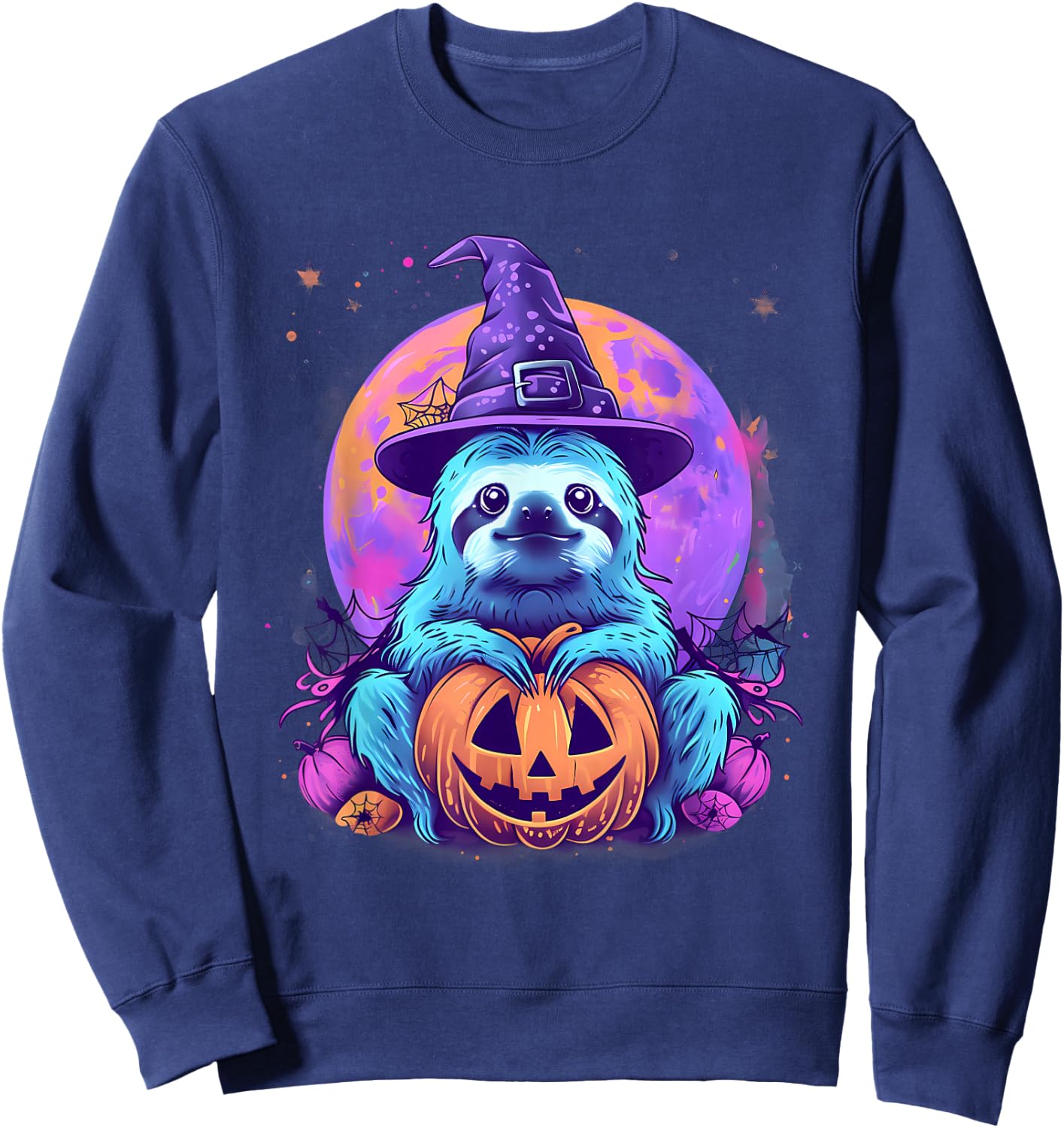 Cute Sloth Witchcraft Hat Scary Pumpkin Lantern Halloween Sweatshirt - Sweatshirt | Navy