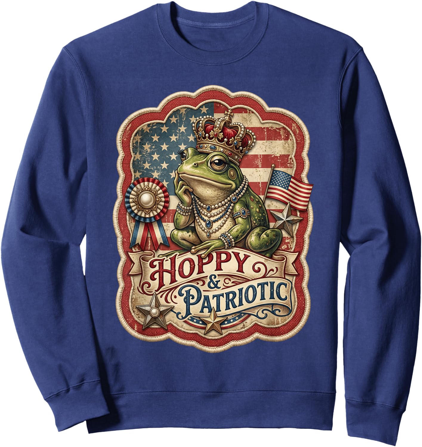 Vintage 4th of July Hoppy and Patriotic Frog Graphic Women Sweatshirt - Sweatshirt | Navy