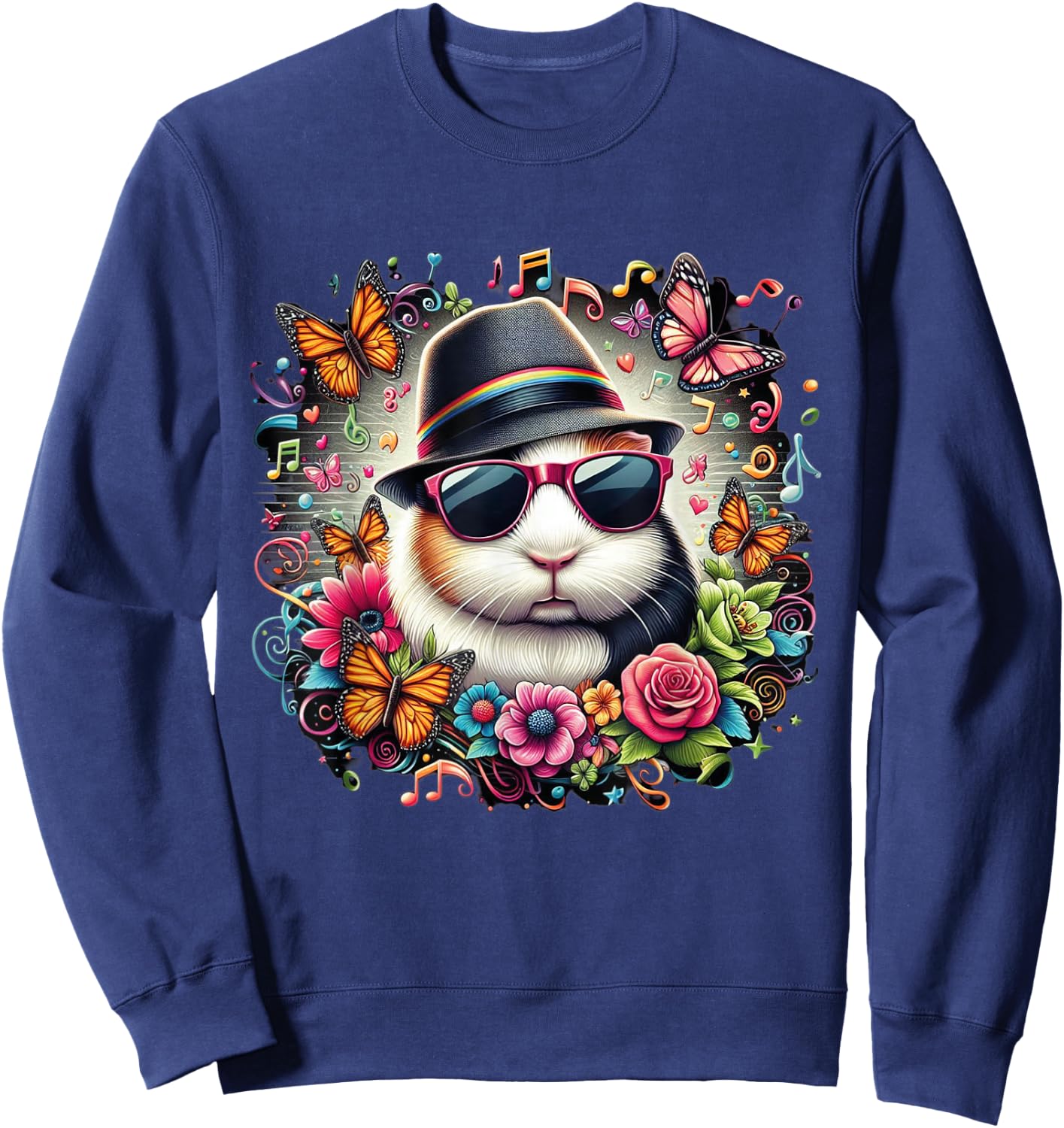 guinea pig wearing sunglasses and a hat colorful Butterflies Sweatshirt - Sweatshirt | Navy