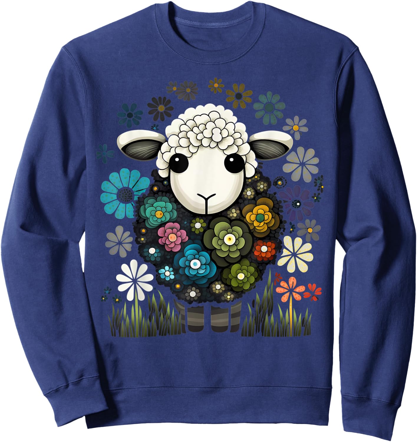 Colorful Sheep Cartoon Flower Garden Cute Farm Animals Black Sweatshirt - Sweatshirt | Navy