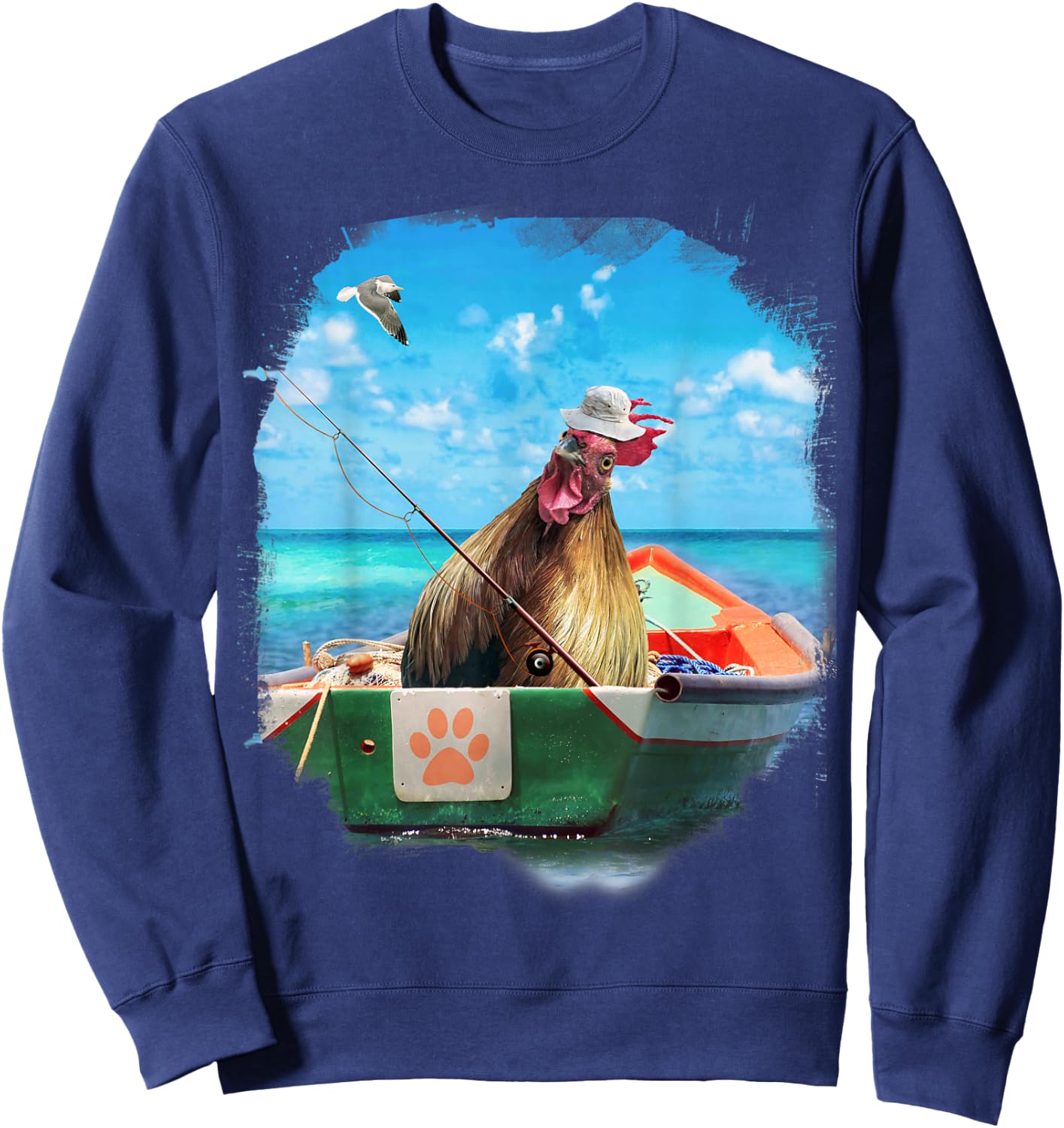 Chicken or Fish, Funny Chickens Fishing Boat Sweatshirt - Sweatshirt | Navy