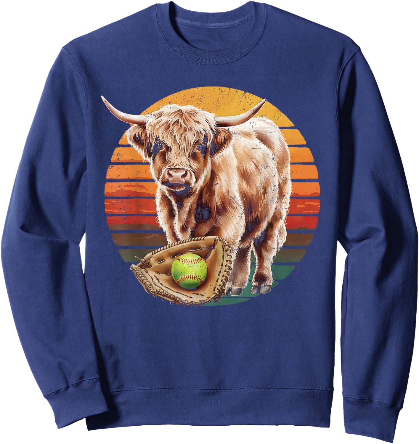 Highland Cow Softball Player Team Vintage Sweatshirt - Sweatshirt | Navy
