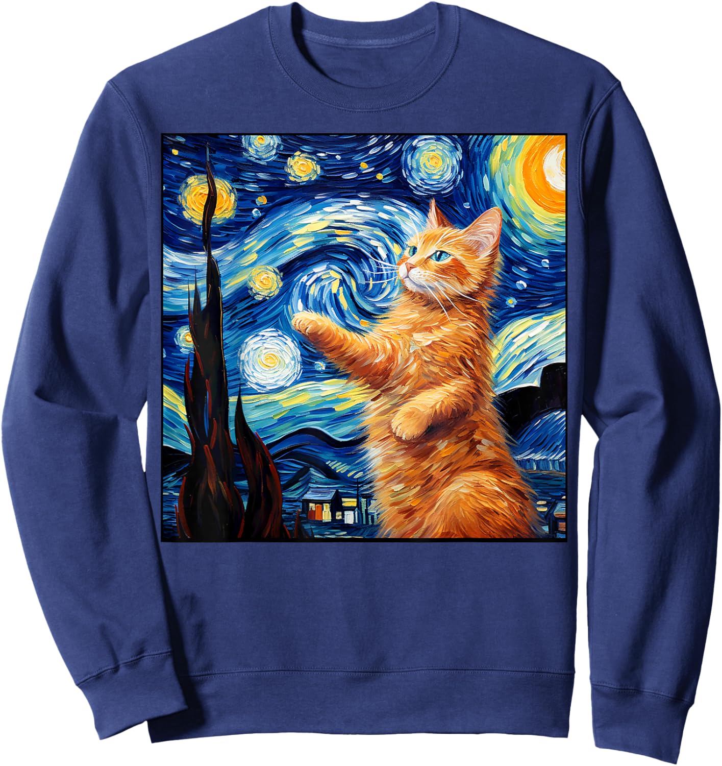 Art Van Gogh Starry Night Cat Painting Cats Lover Mom Dad Sweatshirt - Sweatshirt | Navy