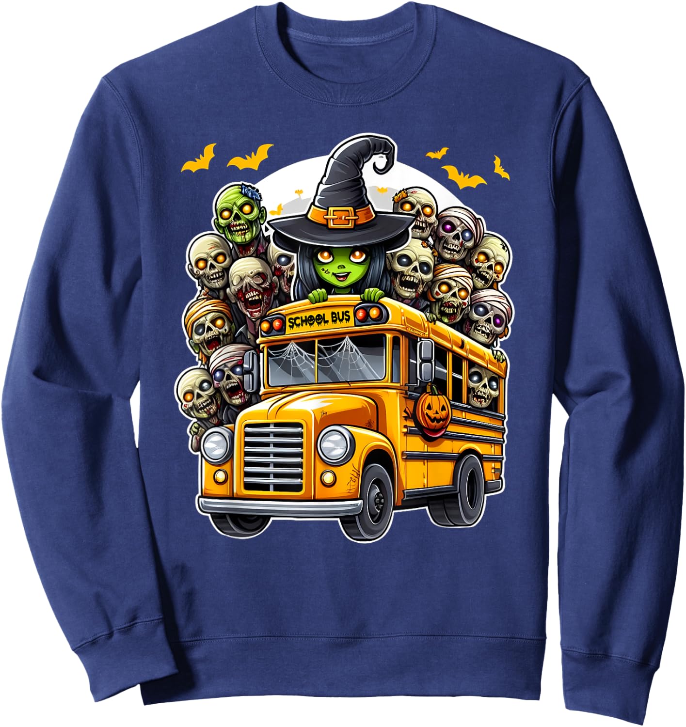 School Bus Creepy Zombie Monster Horror Spooky Halloween Fun Sweatshirt - Sweatshirt | Navy