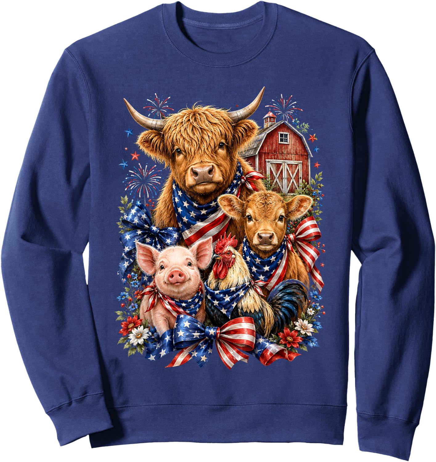 Patriotic Farm Animals 4th of July Barn Cow Pig Chicken Bow Sweatshirt - Sweatshirt | Navy