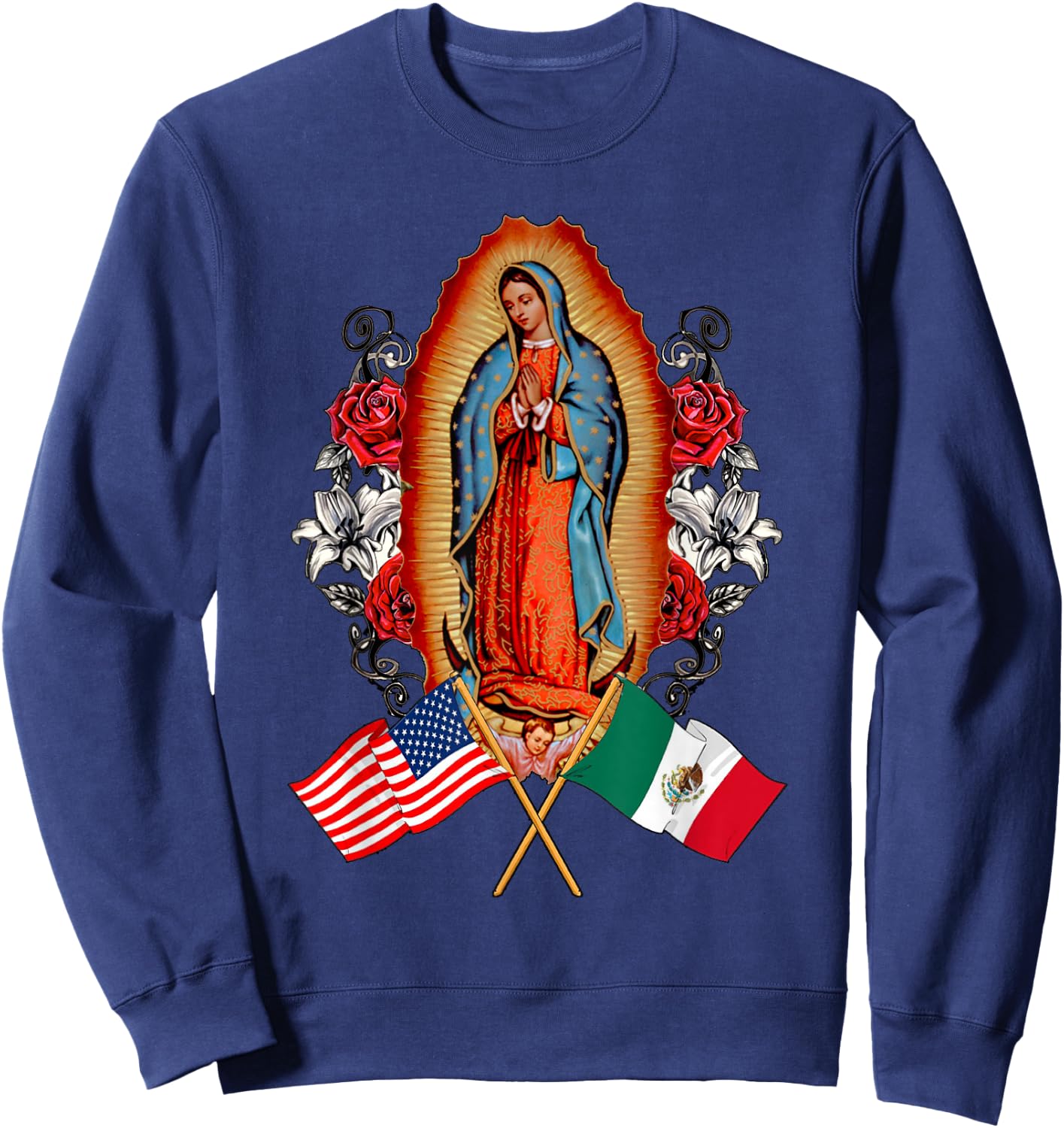 Our Lady Virgen De Guadalupe Mexican American Flag Sweatshirt - Sweatshirt | Navy