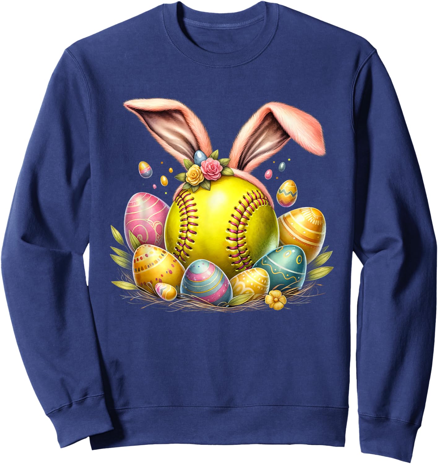 Softball Egg Bunny Ears Easter Day Sweatshirt - Sweatshirt | Navy