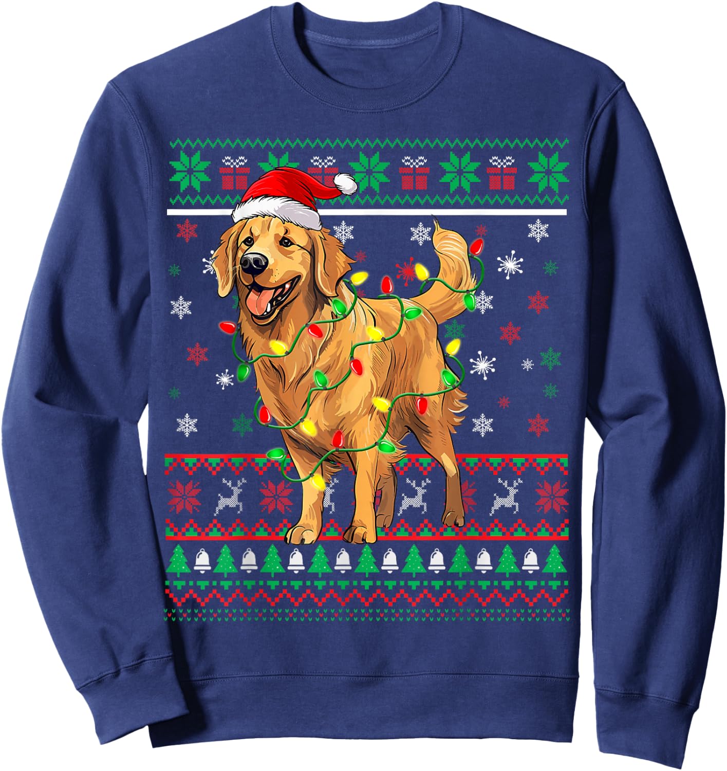 Golden Retriever Christmas Santa Hat Tree Lights Pajama Sweatshirt - Sweatshirt | Navy
