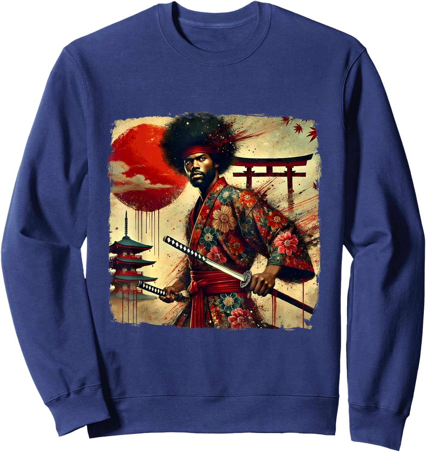 Vintage African Bushido Warrior Katana Afro American Samurai Sweatshirt - Sweatshirt | Navy