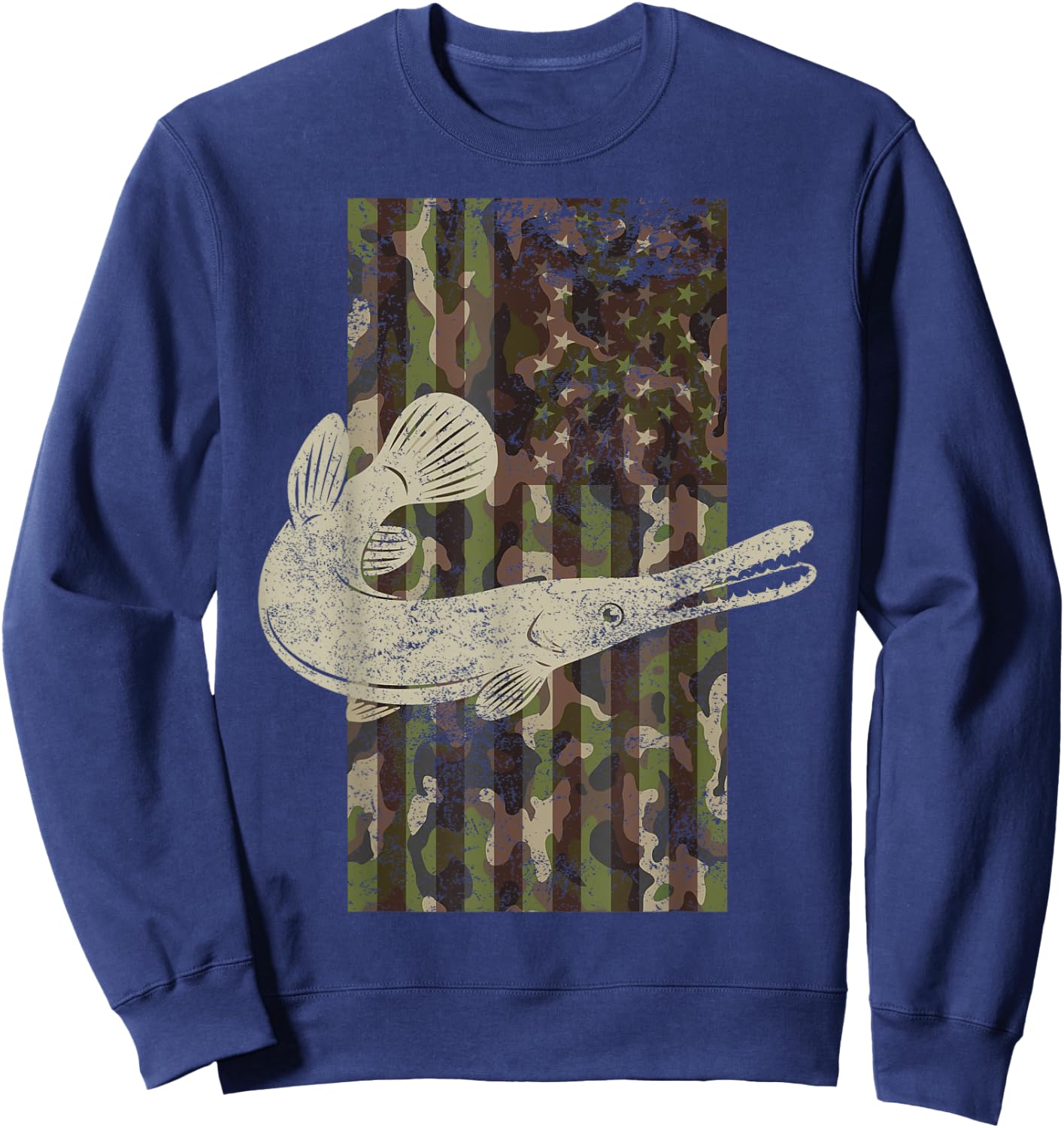 Camo US Flag American Alligator Gar Fishing Sweatshirt - Sweatshirt | Navy