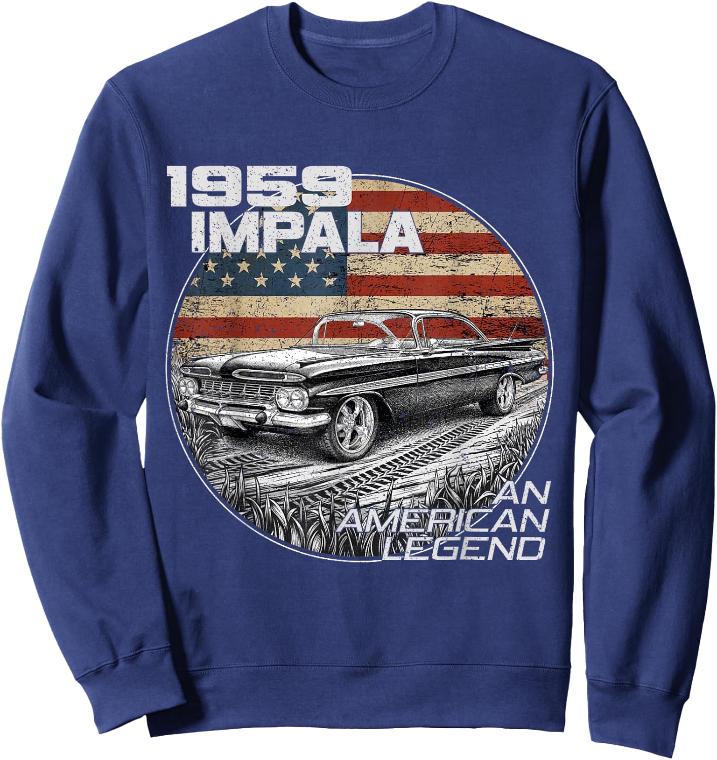 1959 59 Impala Old School Muscle Car American Flag Sweatshirt - Sweatshirt | Navy