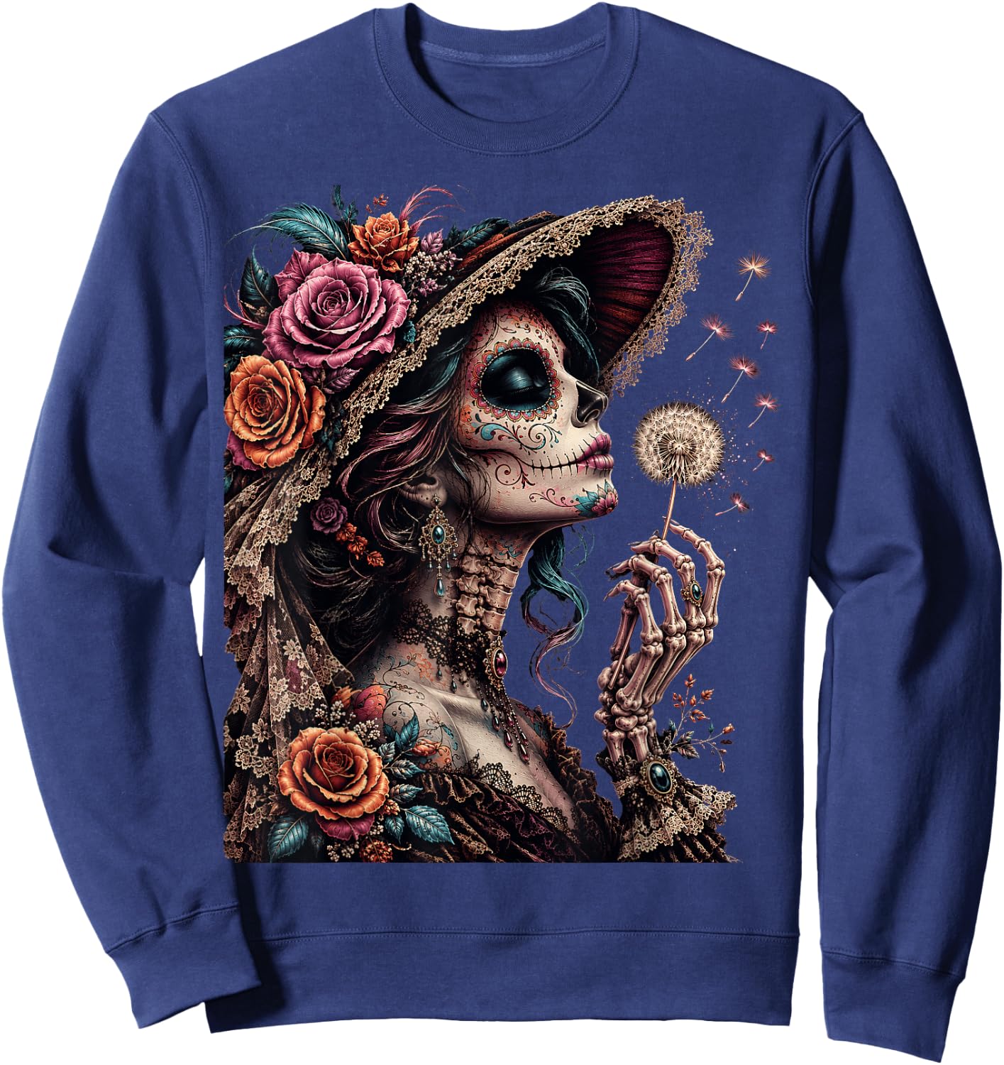 Vintage La Catrina Blowing Wishes Gothic Dandelion Floral Sweatshirt - Sweatshirt | Navy