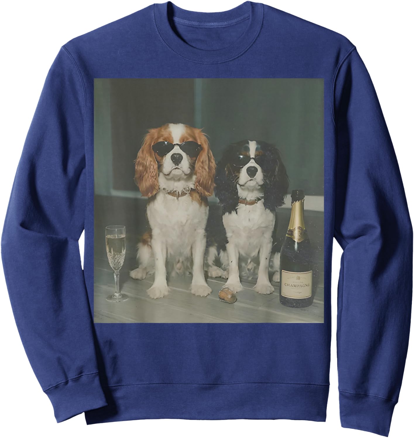 Cavalier King Charles Drinking Champagne Funny Dog Meme Sweatshirt - Sweatshirt | Navy