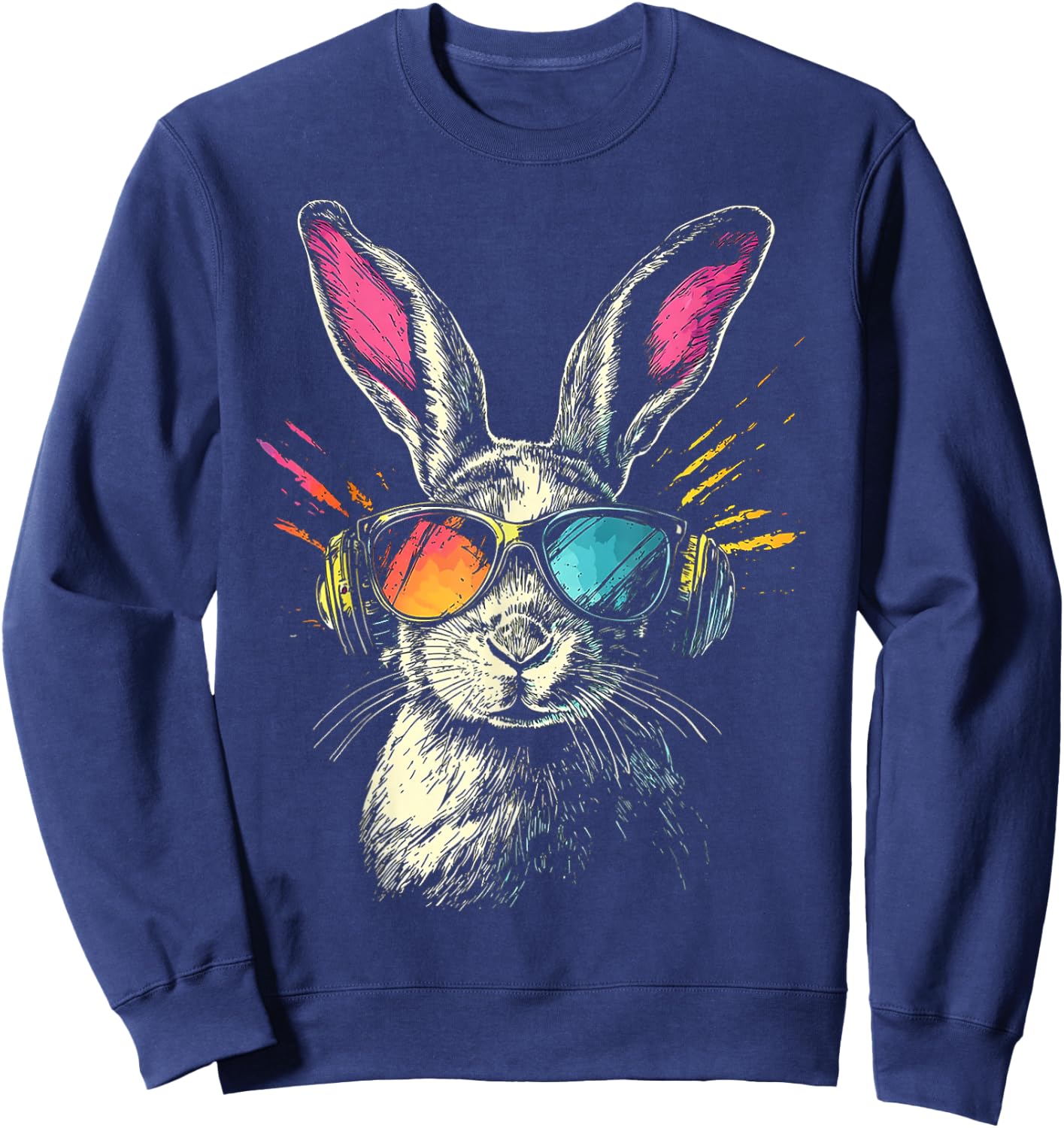 Rabbit Animal Motif Music Headphones Sunglasses Rabbit , black Sweatshirt - Sweatshirt | Navy