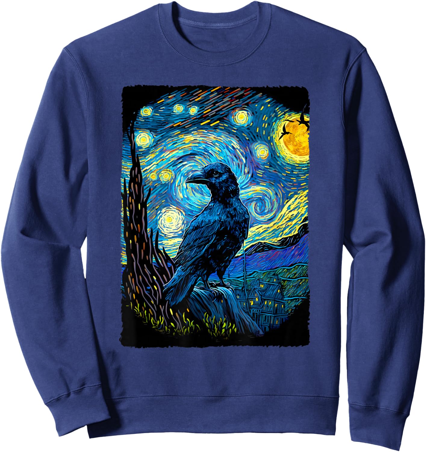 Raven Starry Night Style Painting, Van Gogh Crow Lover Sweatshirt - Sweatshirt | Navy