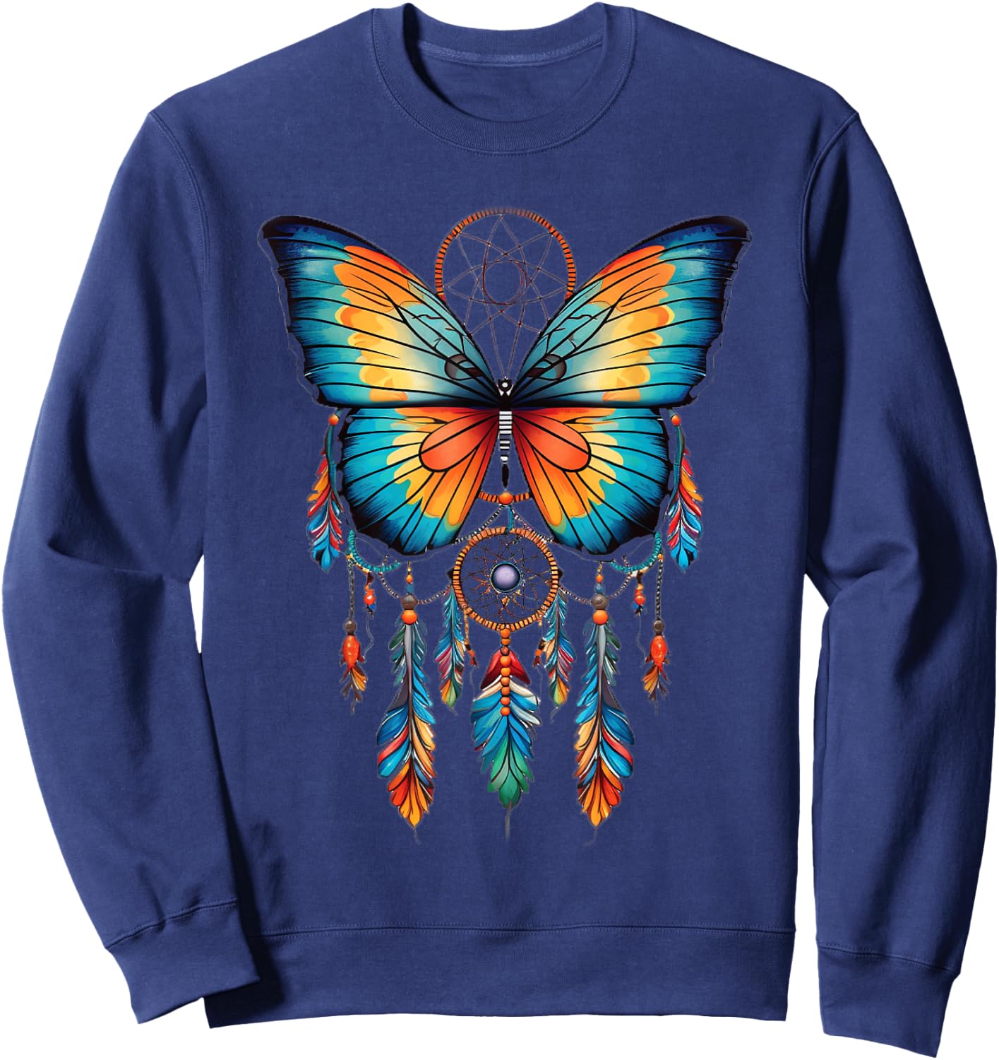 Feather And Butterfly Dream Catcher Designed Sweatshirt - Sweatshirt | Navy