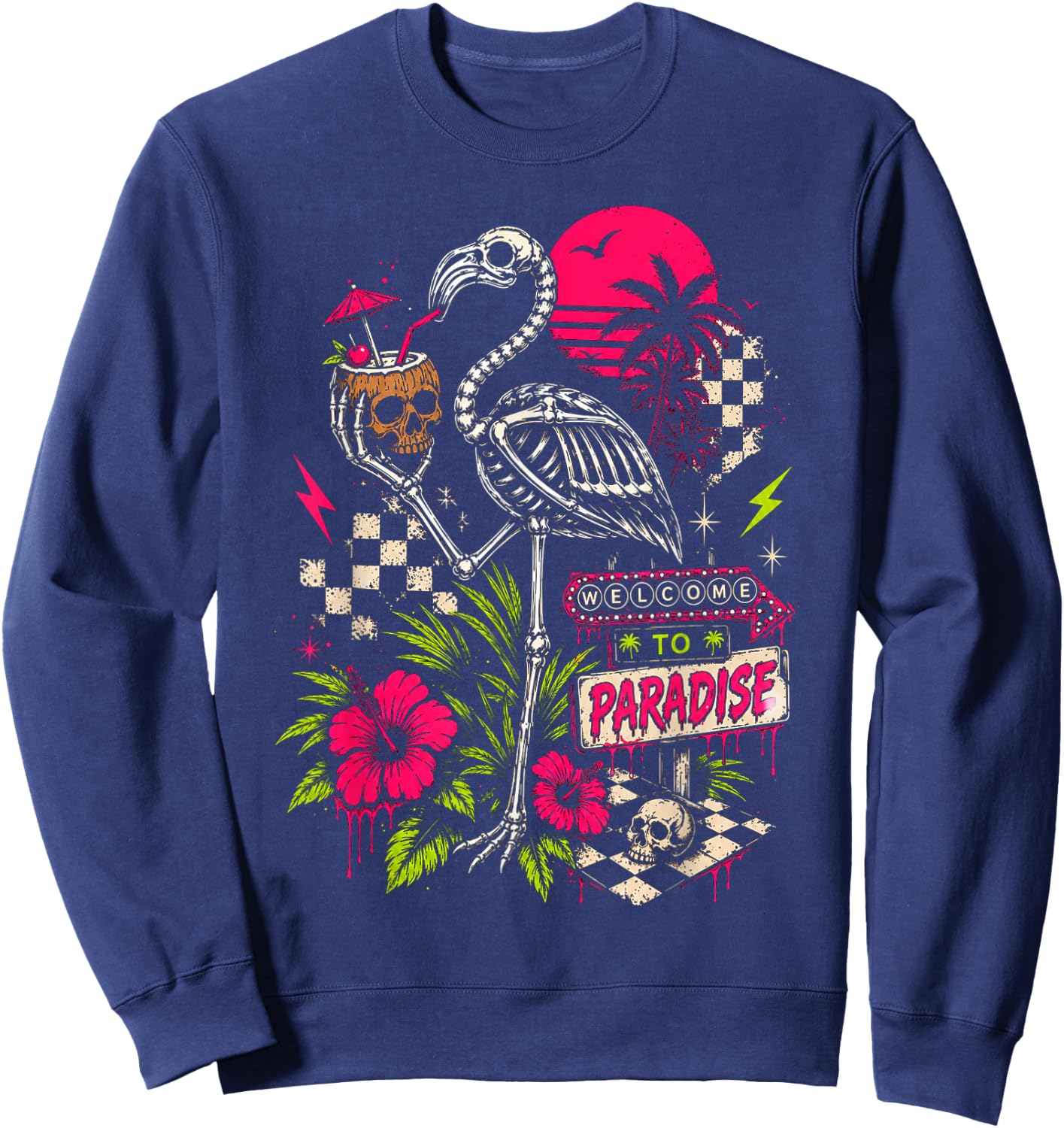 Welcome to Paradise Goth Summer Skeleton Flamingo Sunset Sweatshirt - Sweatshirt | Navy
