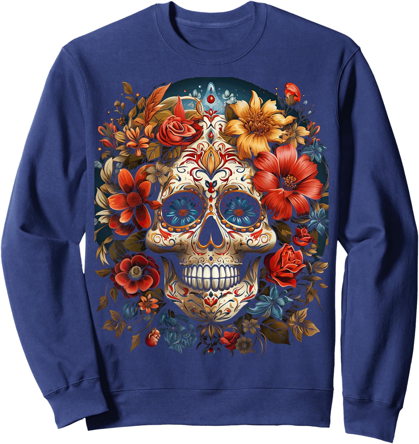 Day of The Dead Skull Schädel mit Blumen mexikanisches Sweatshirt - Sweatshirt | Navy