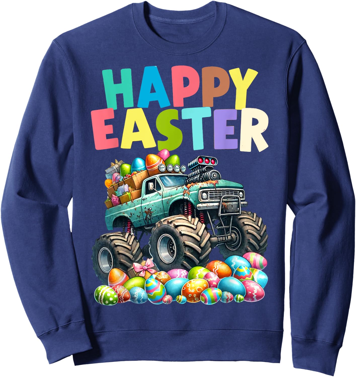 Boys Happy Easter Monster Truck Easter Eggs Hunt Toddler Kid Sweatshirt - Sweatshirt | Navy